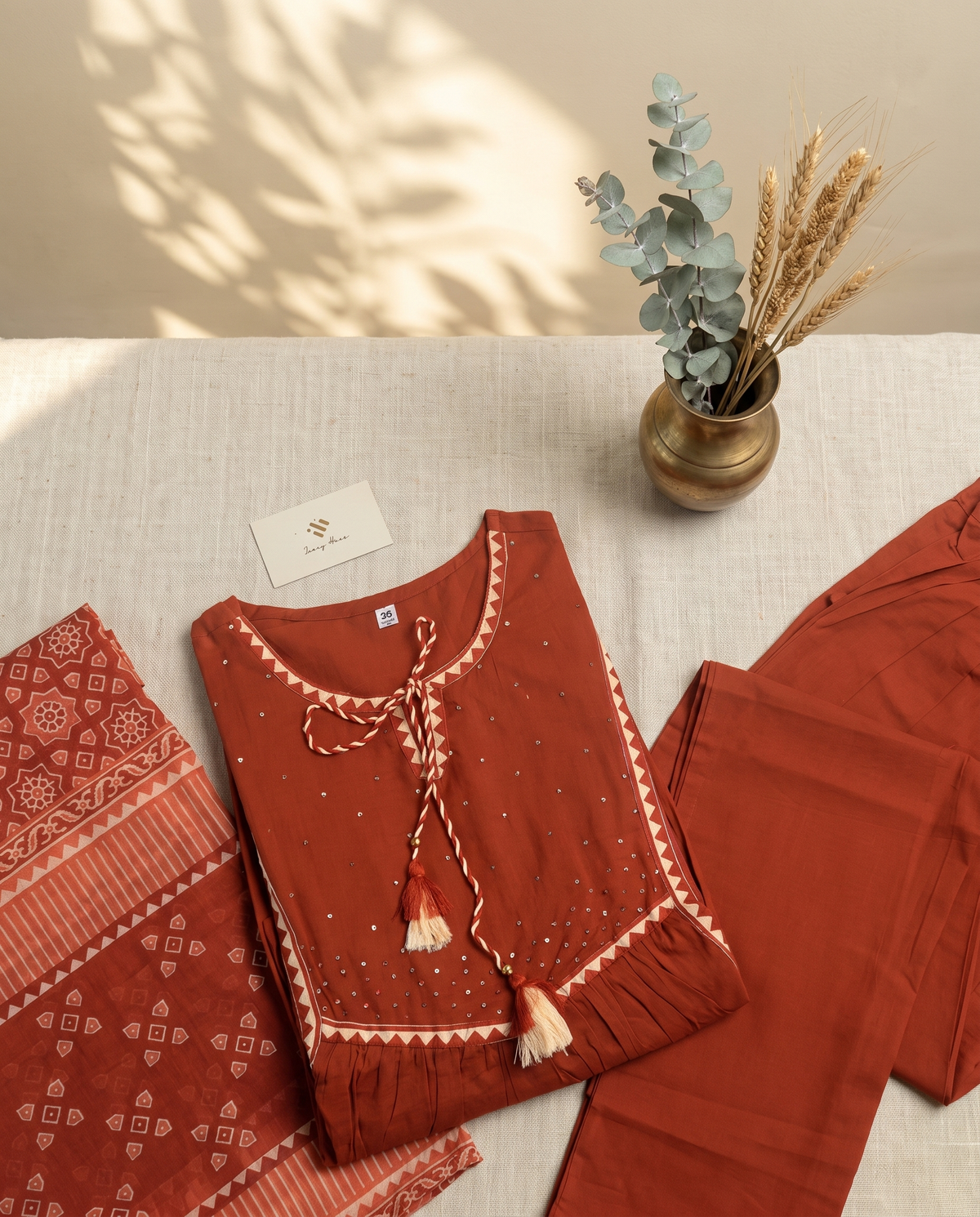 Anokhi Dhoop — rust and ivory cotton suit with embellished neckline borders — Ivory Hues, Indian ethnic wear Singapore