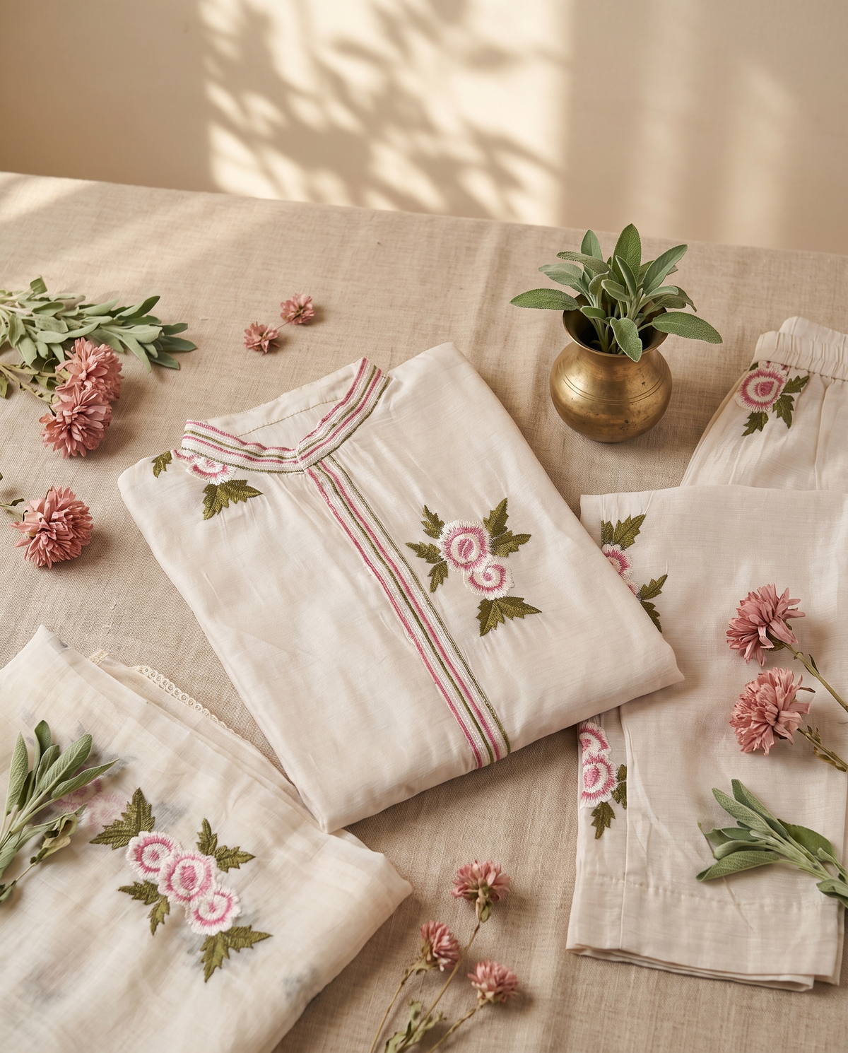 Pichakam — ivory Chanderi suit with pink and white floral thread embroidery — Ivory Hues, Indian ethnic wear Singapore