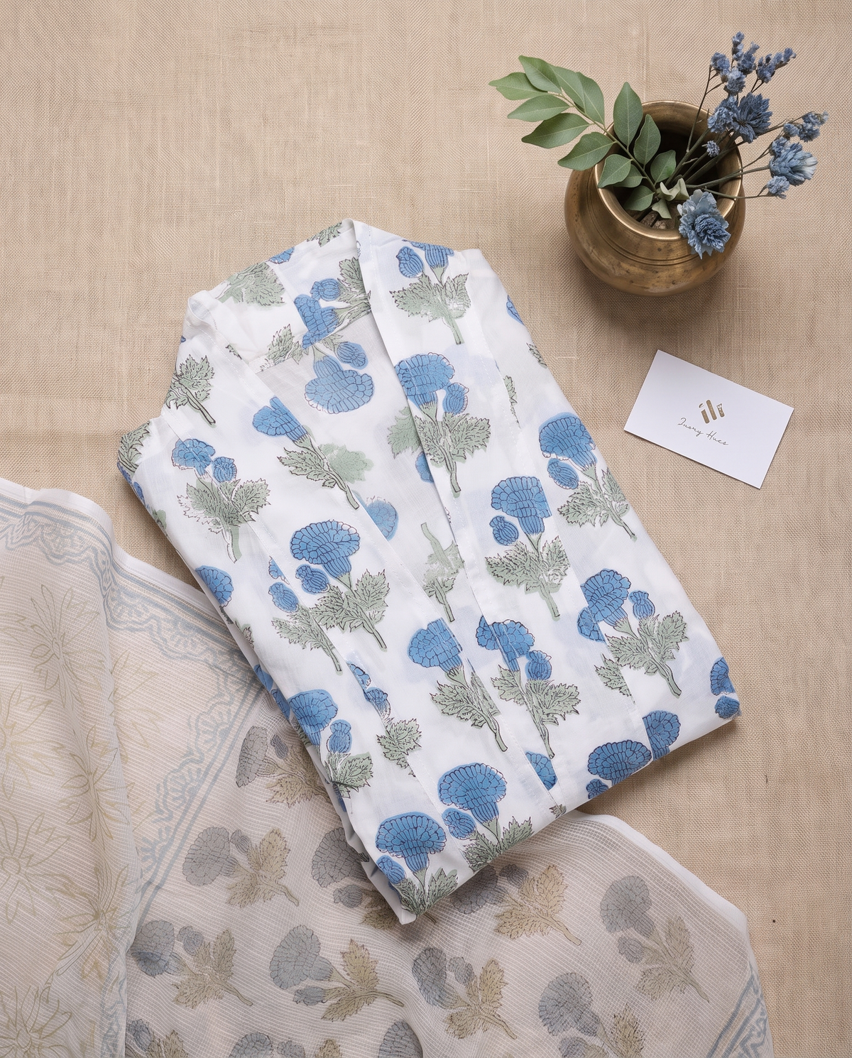 Malhar Saira — blue and white floral-print suit with sheer dupatta — Ivory Hues, Indian ethnic wear Singapore