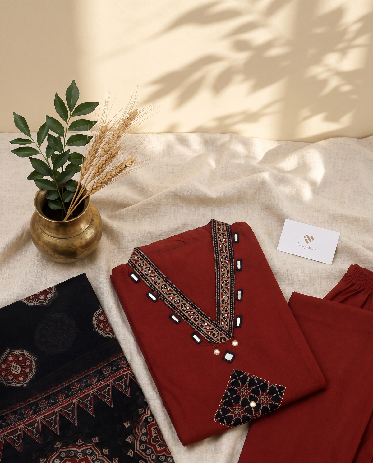 Anokhi Lata — red and black cotton suit with applique and mirror embellishment — Ivory Hues, Indian ethnic wear Singapore