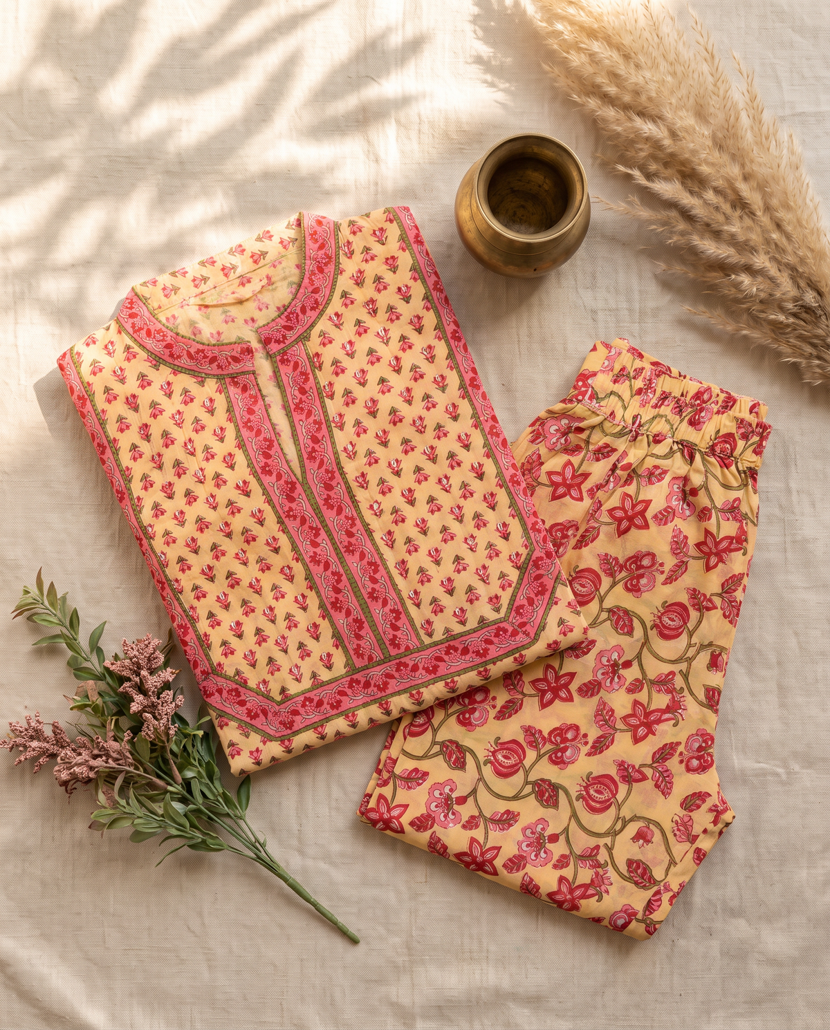 Anokhi Vanya — pastel yellow cotton suit with floral handblock prints — Ivory Hues, Indian ethnic wear Singapore
