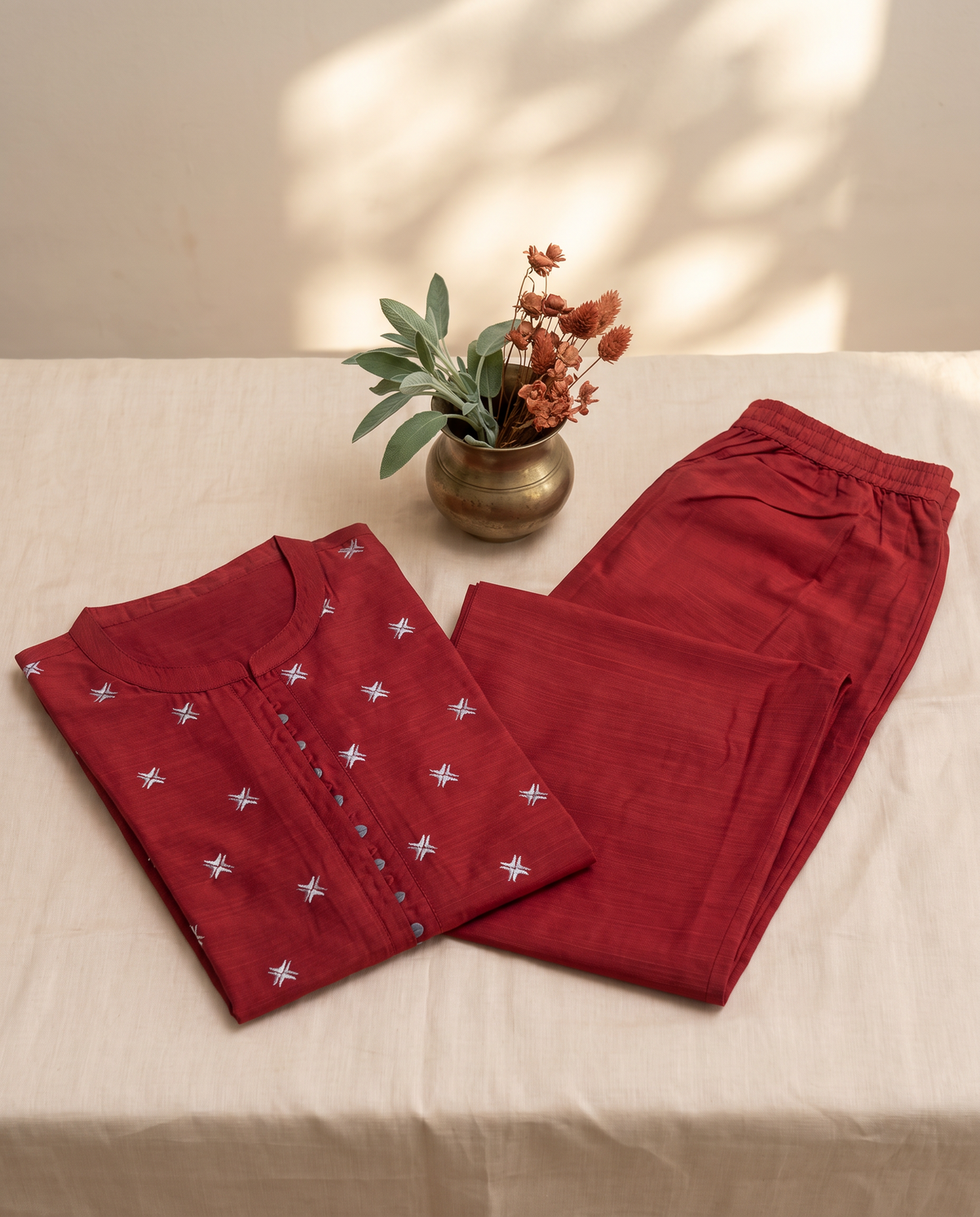 Noor Anaya — red-maroon raw silk co-ord set, embroidered all over — Ivory Hues, Indian ethnic wear Singapore