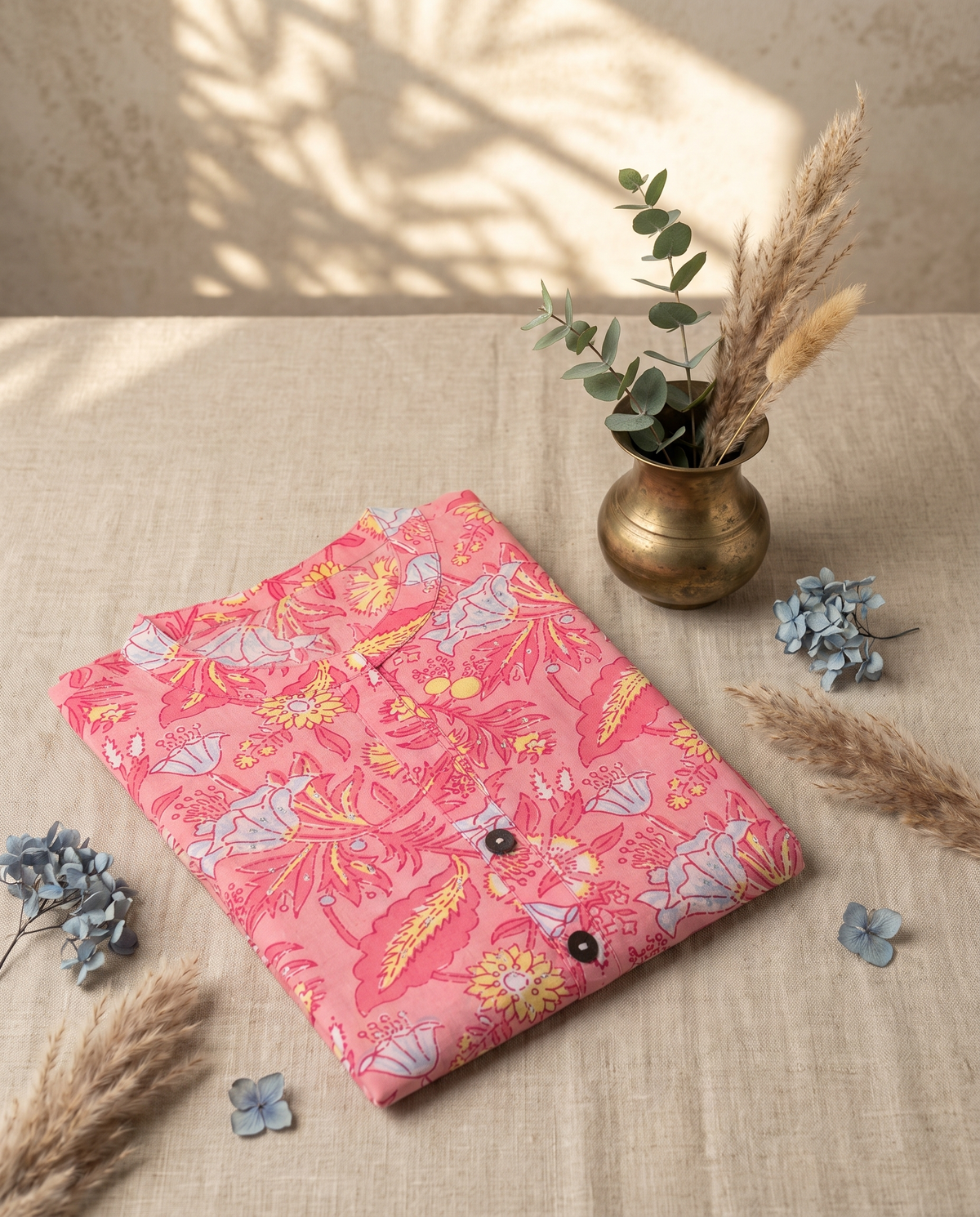 Gulmarg Phool — pink cotton kurti with floral handblock print — Ivory Hues, Indian ethnic wear Singapore