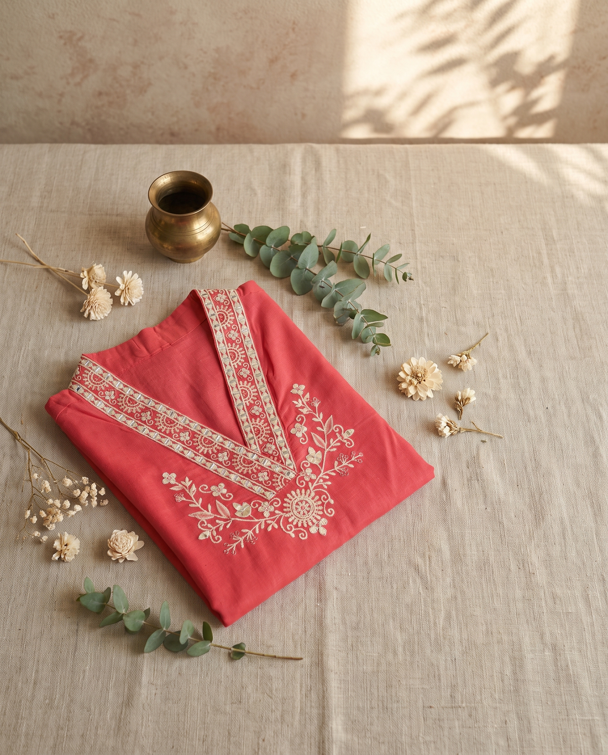 Meher Ranya — coral cotton co-ord set with Afghani-style sleeves and embroidery — Ivory Hues, Indian ethnic wear Singapore
