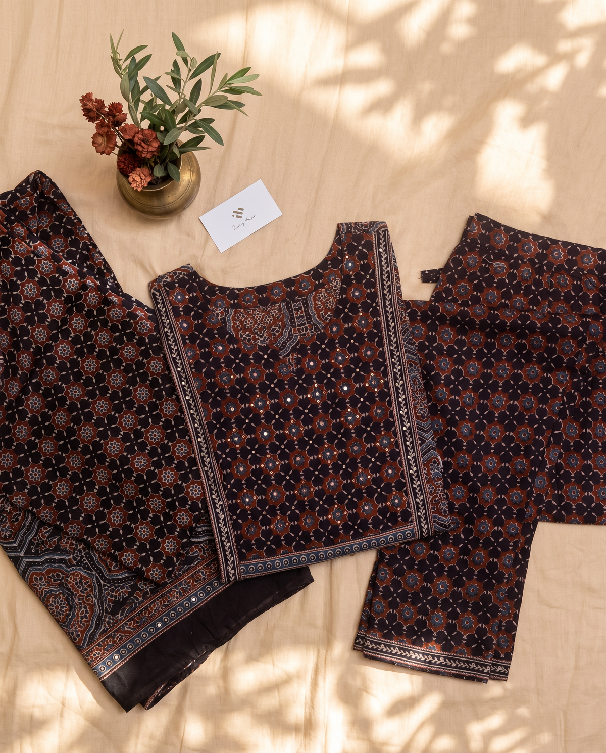 Sunehri Utsaah — black, white and maroon Bagru-print suit set — Ivory Hues, Indian ethnic wear Singapore