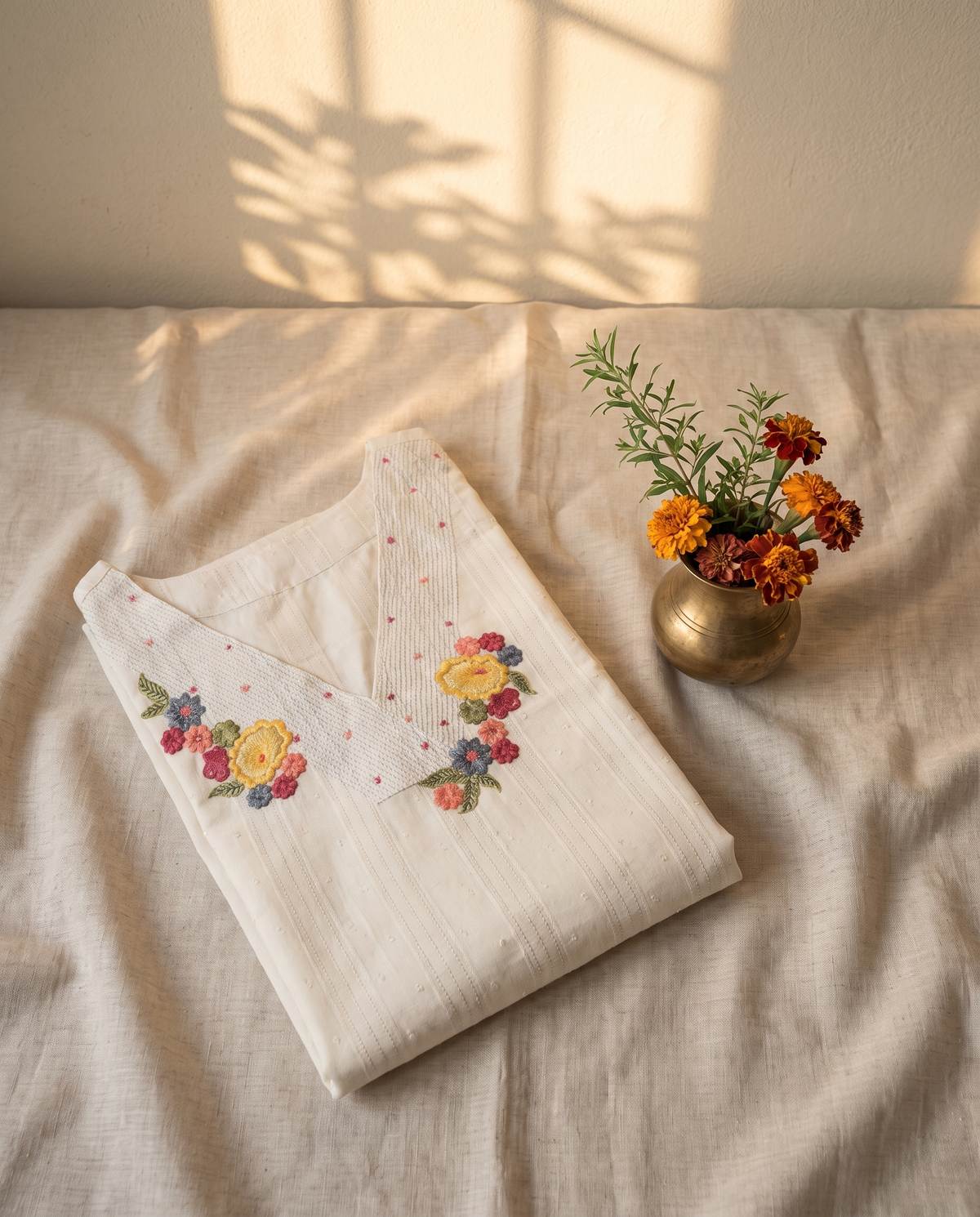 Anokhi Suroor — white cotton suit with colorful floral embroidery — Ivory Hues, Indian ethnic wear Singapore