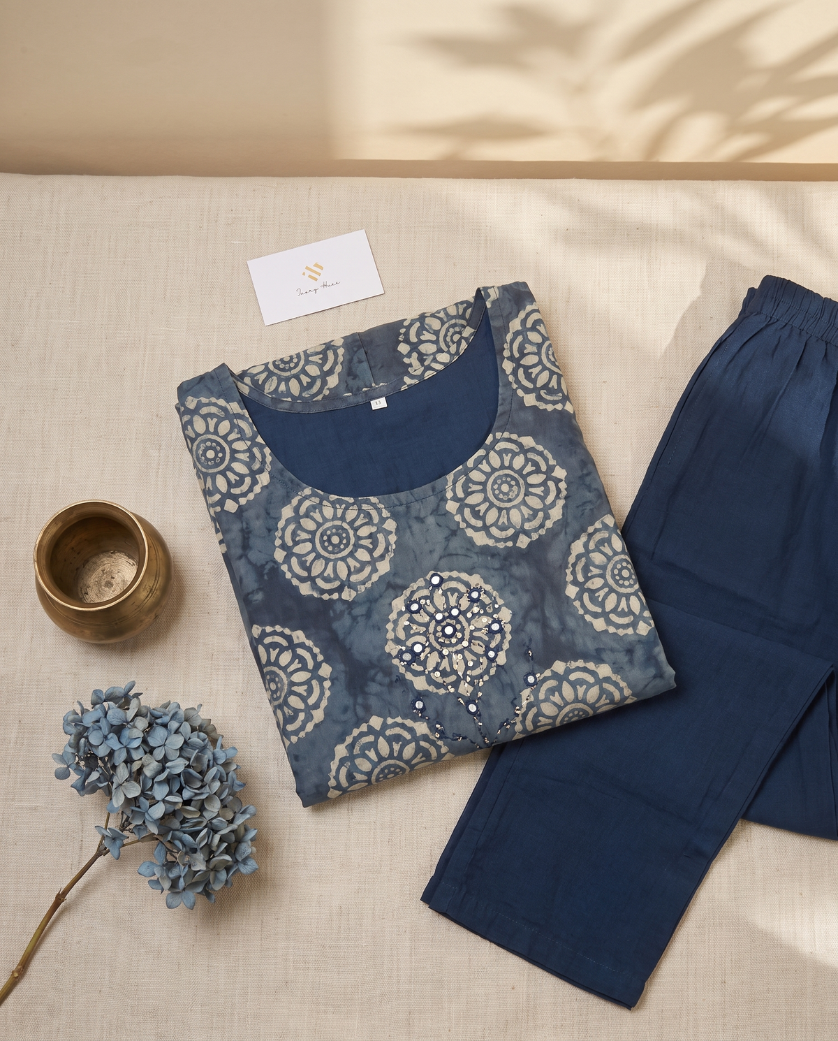 Kaftan Sukoon 02 — indigo blue kaftan co-ord set with floral block prints — Ivory Hues, Indian ethnic wear Singapore