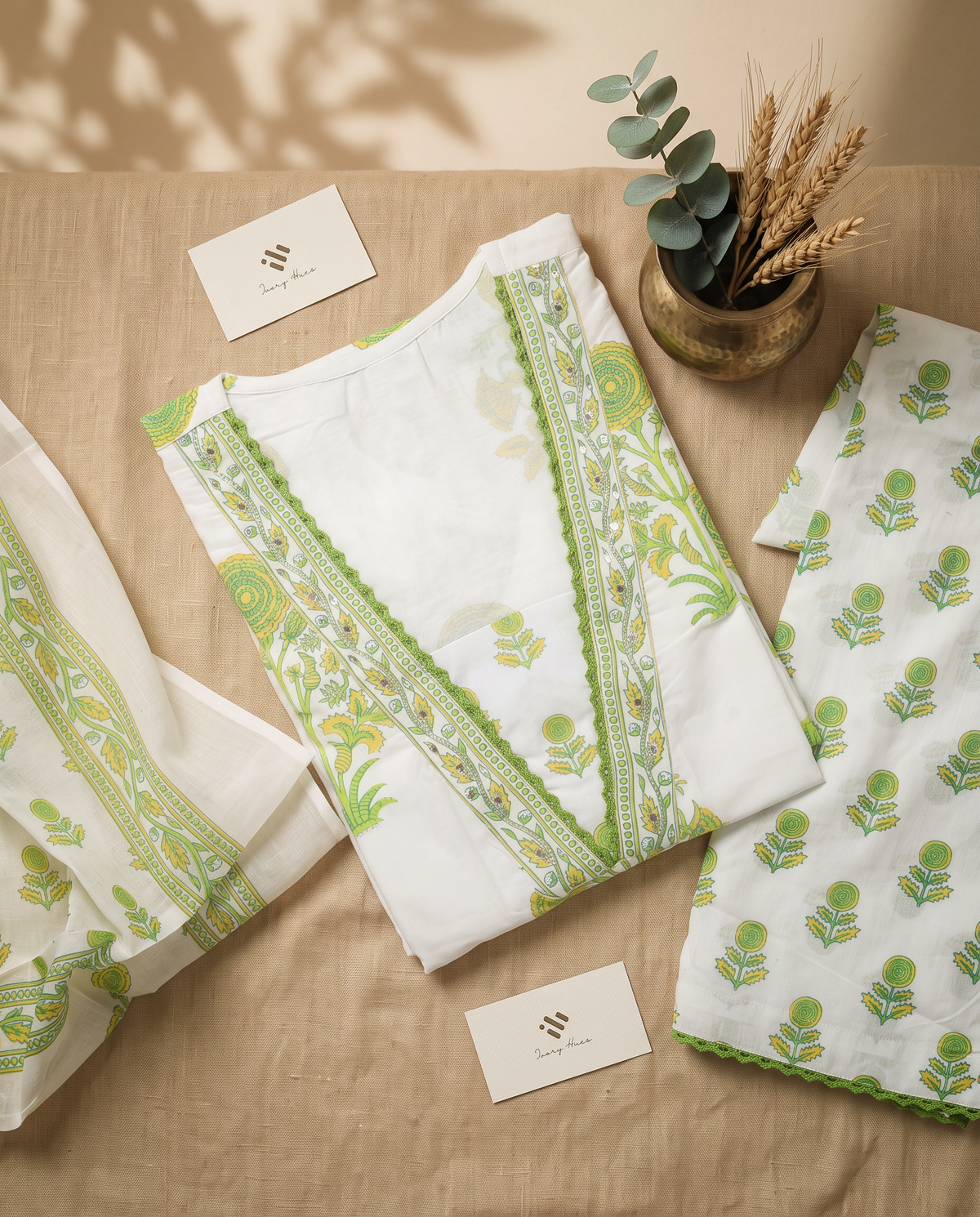 Malhar Shabnam — white and green cotton suit with Mughal handblock prints — Ivory Hues, Indian ethnic wear Singapore