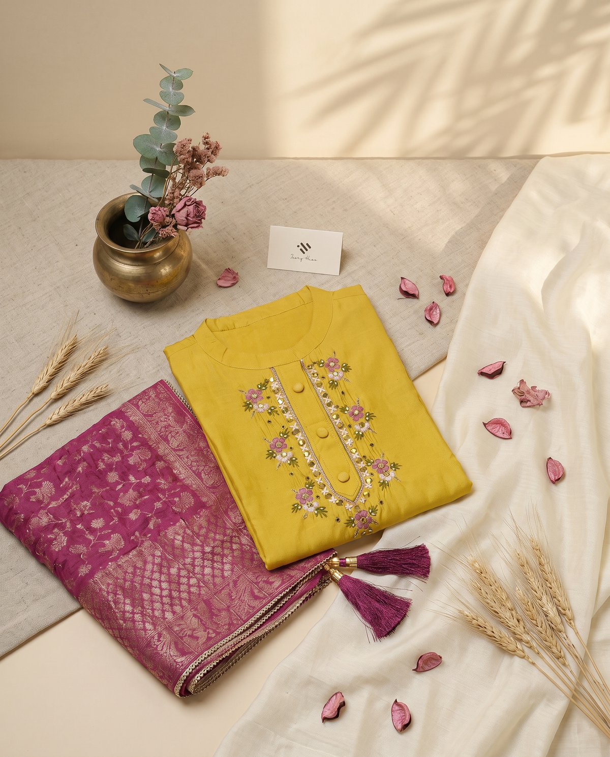 Noor Zariya — mustard yellow suit with magenta brocade shawl and tassels — Ivory Hues, Indian ethnic wear Singapore