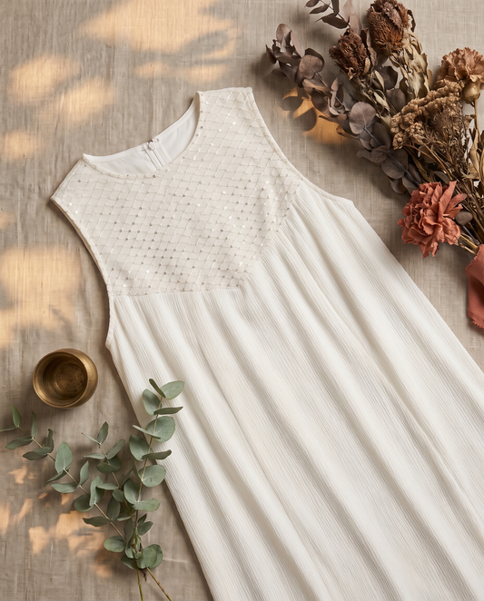 Raahi Ishq — white crushed cotton dress, styled flatlay — Ivory Hues, Indian ethnic wear Singapore