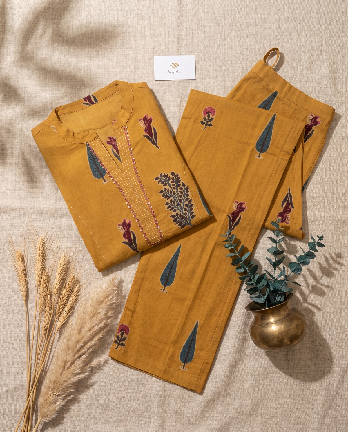 Meher Shobha — mustard co-ord set with Mughal handblock prints and beaded tassels — Ivory Hues, Indian ethnic wear Singapore
