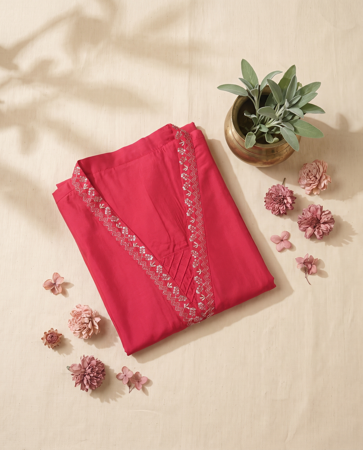 Noor Sham (Red/Pink) — red and pink suit with embroidered neckline and brocade shawl — Ivory Hues, Indian ethnic wear Singapore
