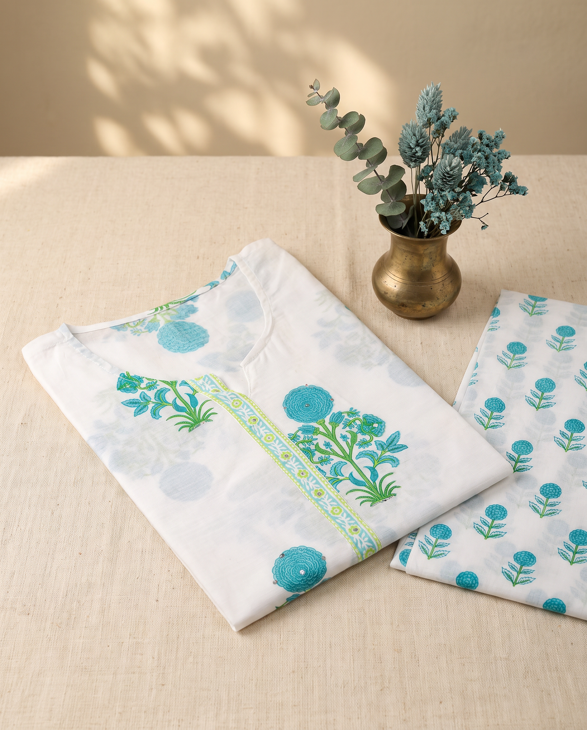 Malhar Saawan — white cotton suit with blue and green Mughal handblock prints — Ivory Hues, Indian ethnic wear Singapore