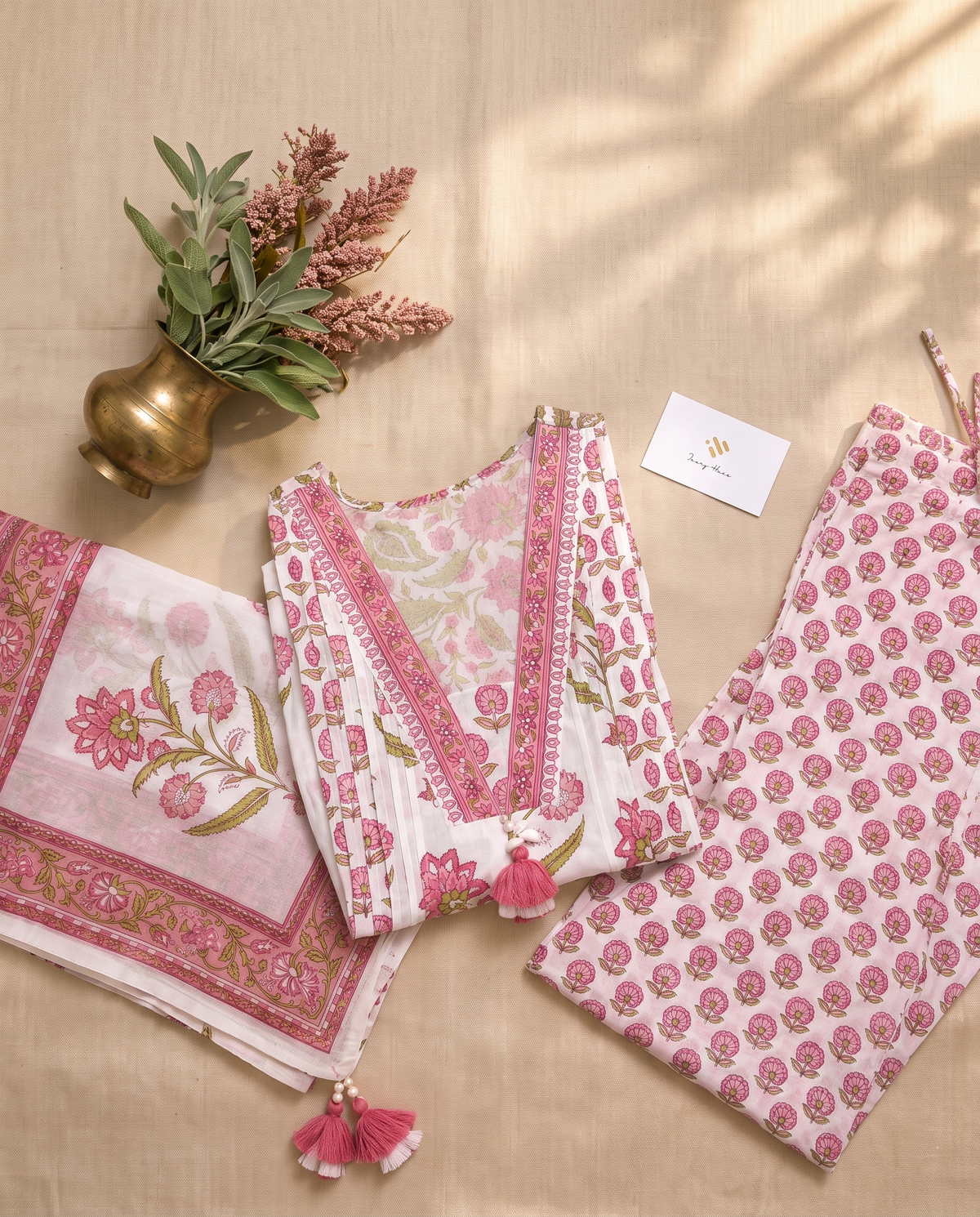Malhar Megh — white cotton suit with pink and green handblock prints — Ivory Hues, Indian ethnic wear Singapore
