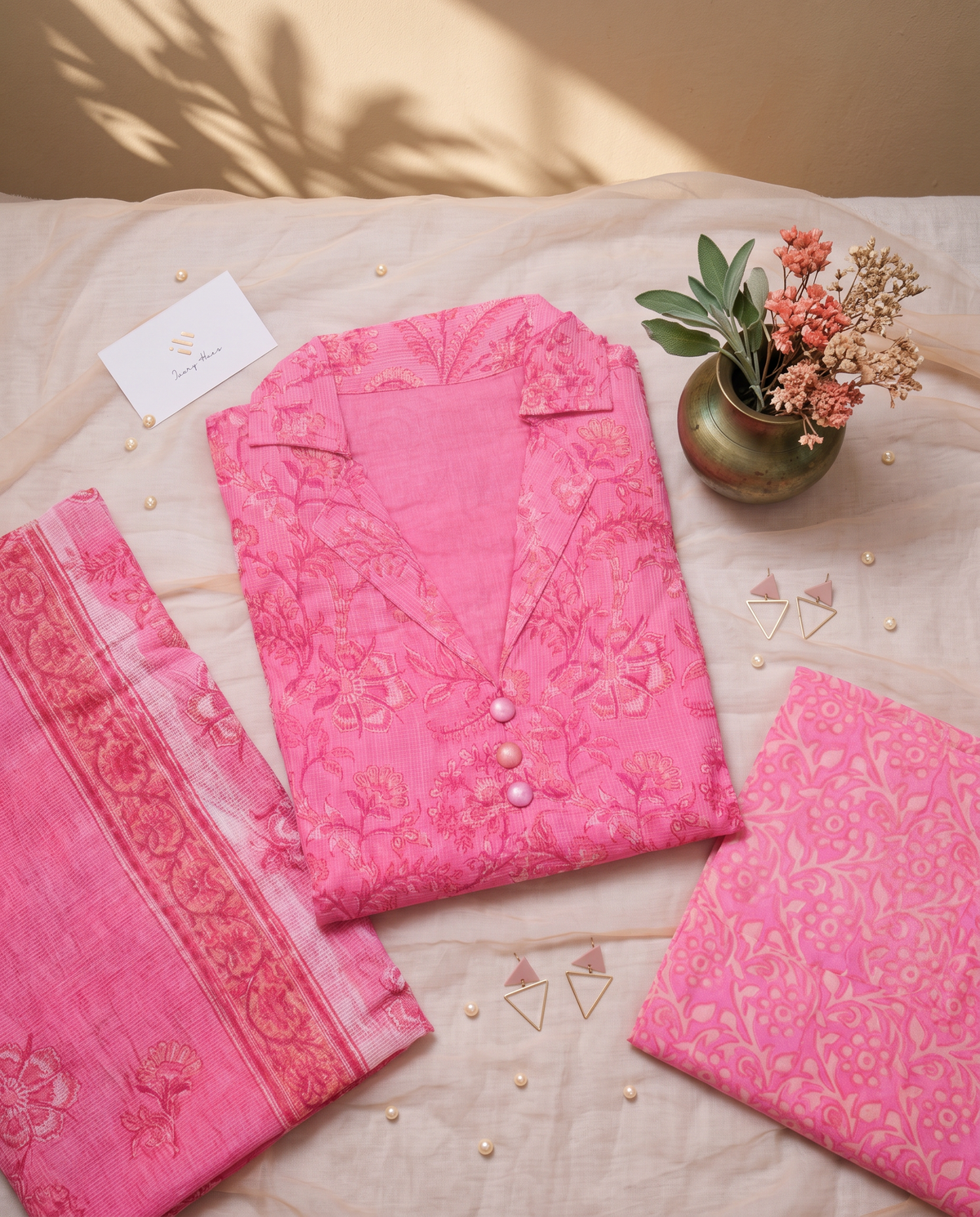 Kota Kainaat Sur — French rose Kota fabric suit with handblock prints — Ivory Hues, Indian ethnic wear Singapore