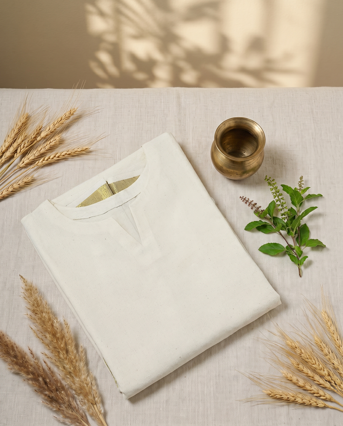 Thulasi — cotton dress with golden kasavu border hem — Ivory Hues, Indian ethnic wear Singapore