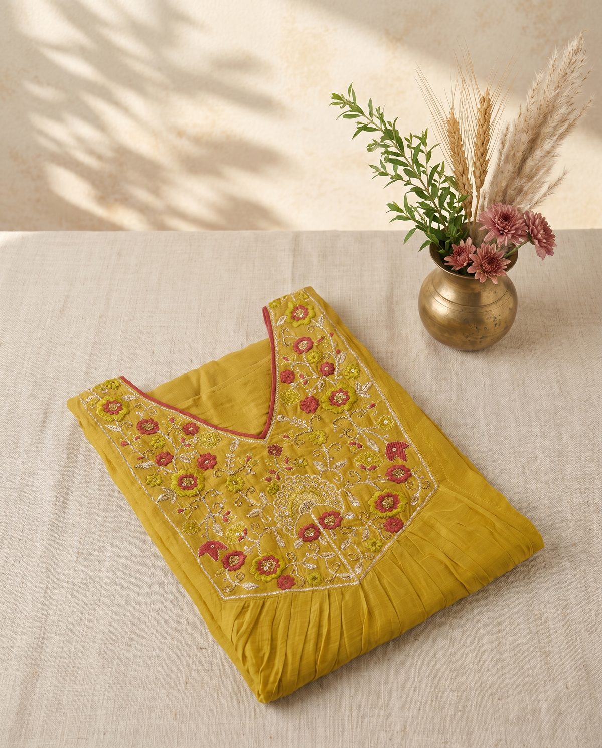 Noor Zahra — mustard mul Chanderi suit with embroidered neckline and zari dupatta — Ivory Hues, Indian ethnic wear Singapore