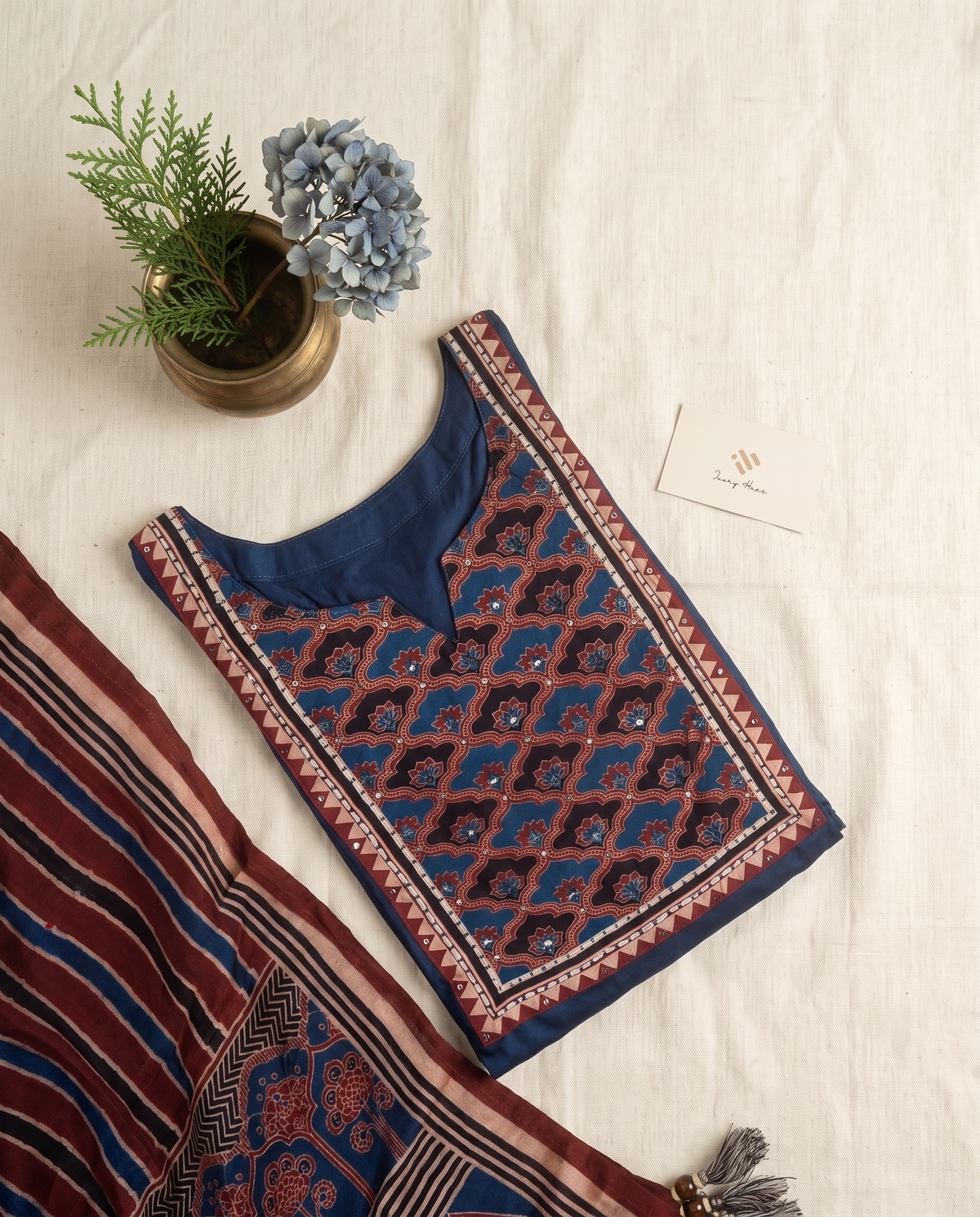Anokhi Chamak — navy blue rayon suit with contrast embroidered patches — Ivory Hues, Indian ethnic wear Singapore