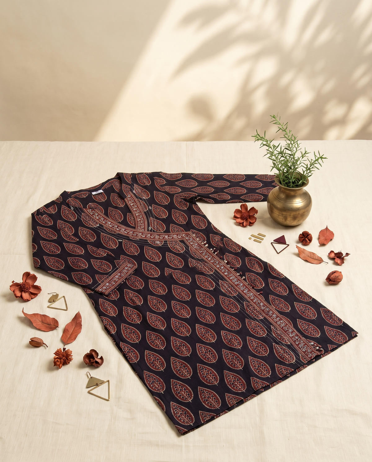 Sunehri Kanak — red and black handblock-print suit with angrakha silhouette — Ivory Hues, Indian ethnic wear Singapore