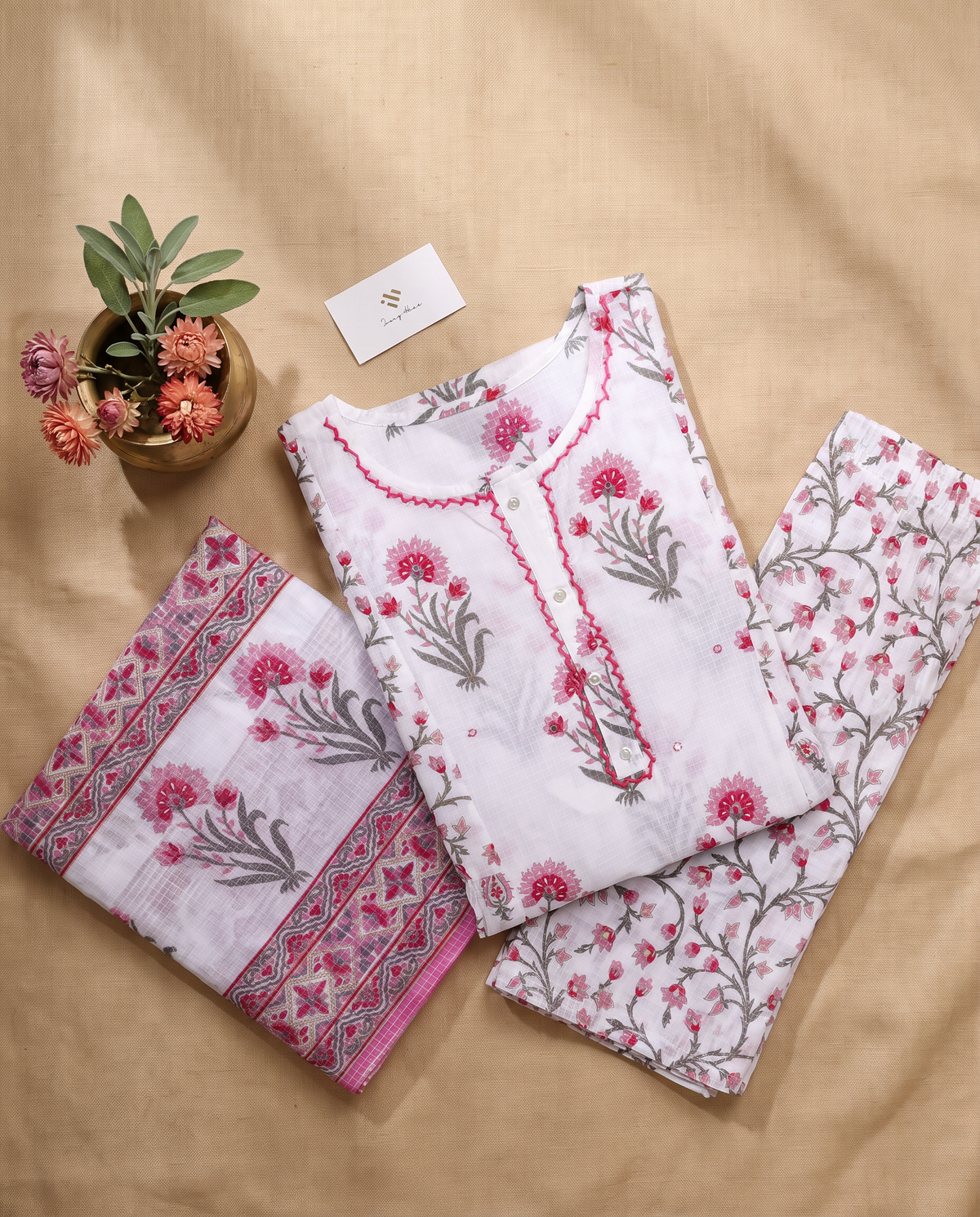 Malhar Roohi — cotton suit with pink floral print and palazzo pants — Ivory Hues, Indian ethnic wear Singapore