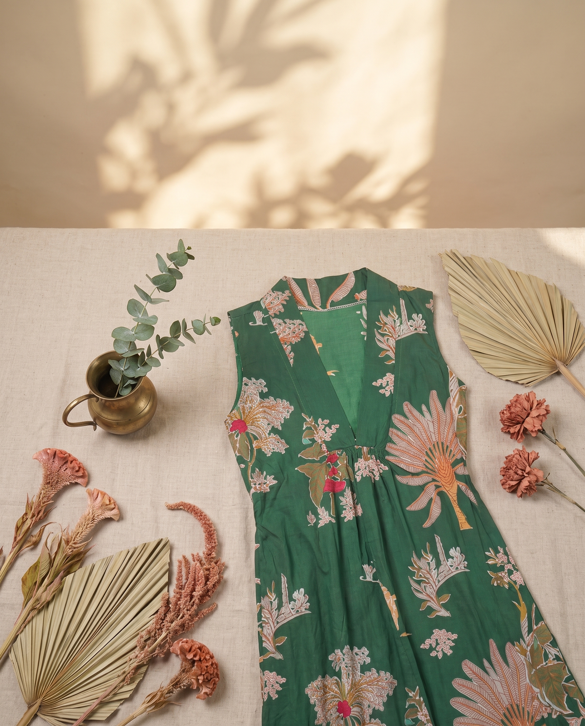 Fiza 3.0 Light Green — emerald green tropical floral-print cotton dress — Ivory Hues, Indian ethnic wear Singapore