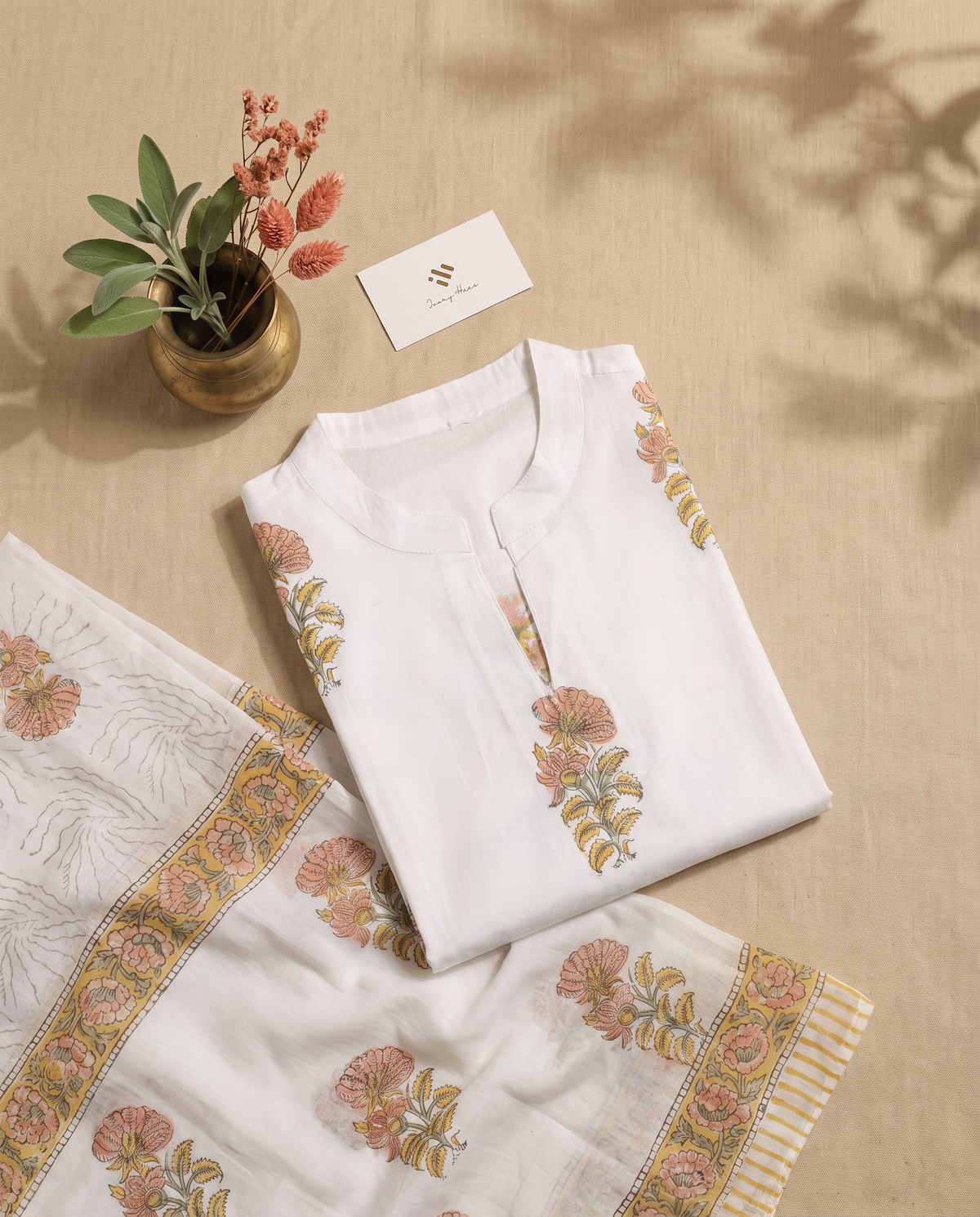 Malhar Roohani — white mulmul suit with handblock print — Ivory Hues, Indian ethnic wear Singapore