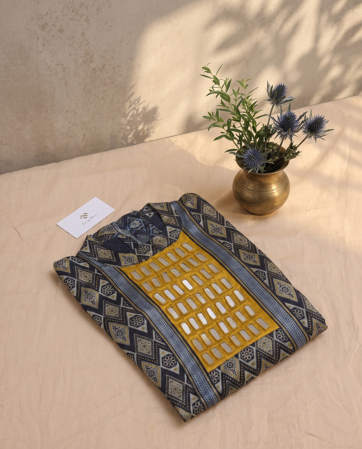 Gulmarg Tana — mustard yellow and navy blue kurti with mirror-work panel — Ivory Hues, Indian ethnic wear Singapore