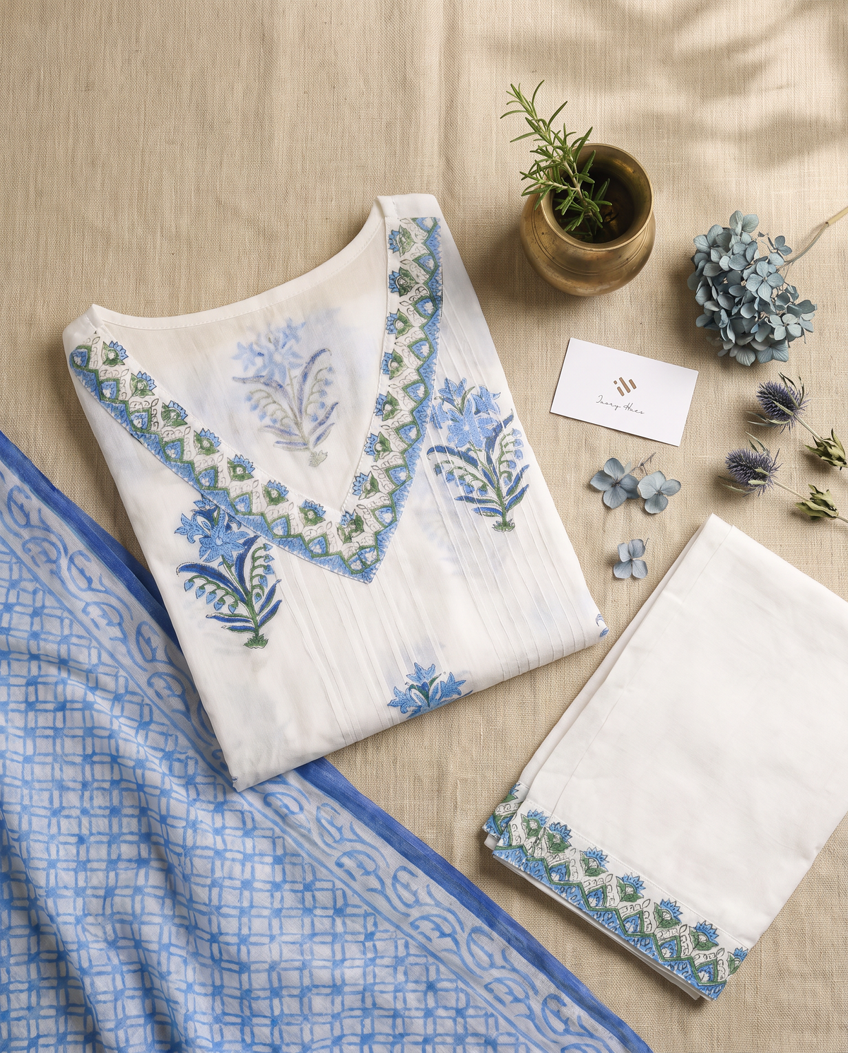 Malhar Rangrez — white cotton suit with blue and green handblock print — Ivory Hues, Indian ethnic wear Singapore