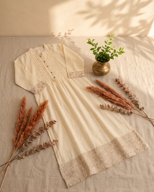 Noor Elina — ivory mul chanderi suit with embroidered sleeves and hem — Ivory Hues, Indian ethnic wear Singapore
