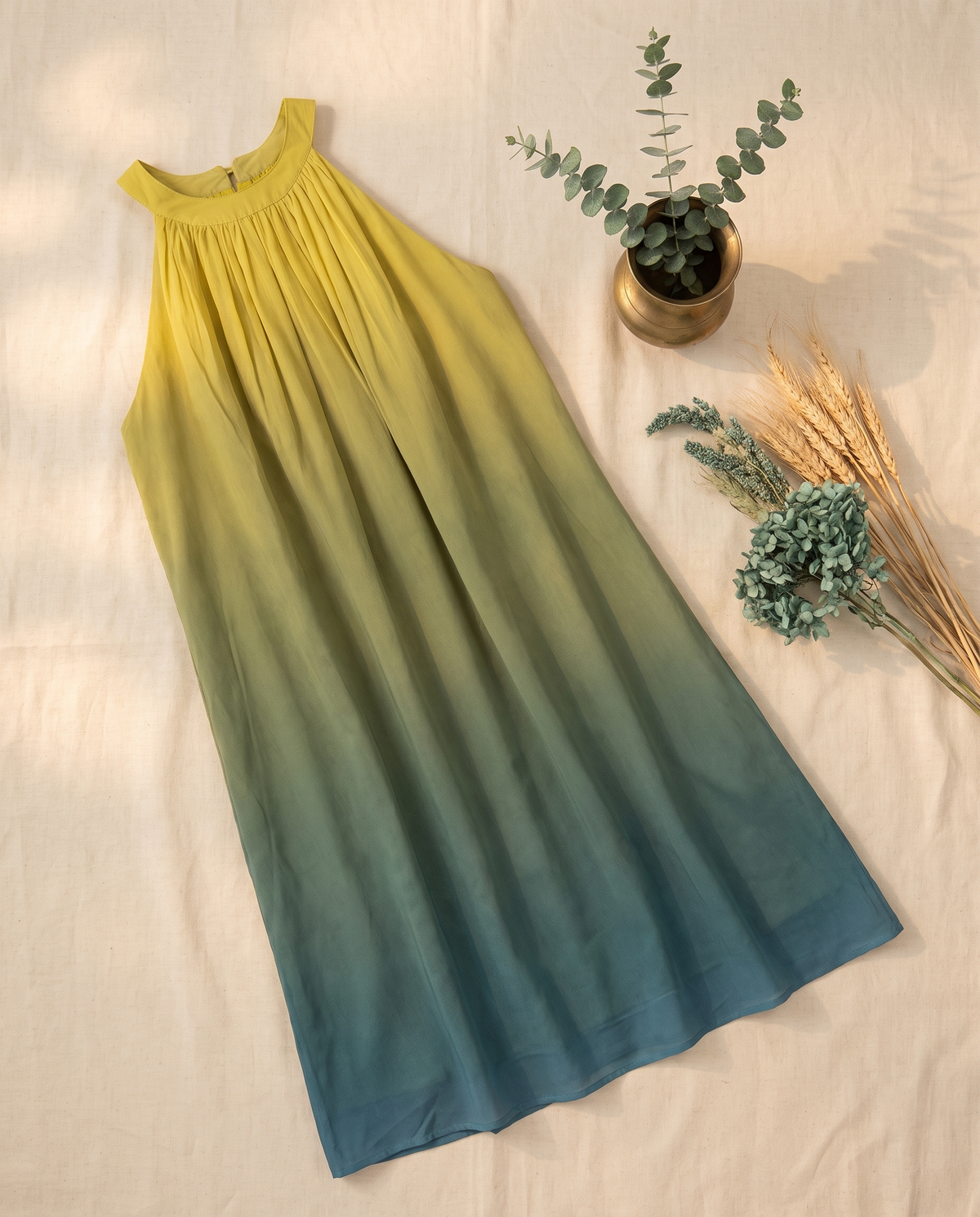 Raahi Saaya — green ombré Mul Chanderi flowy dress, styled flatlay — Ivory Hues, Indian ethnic wear Singapore