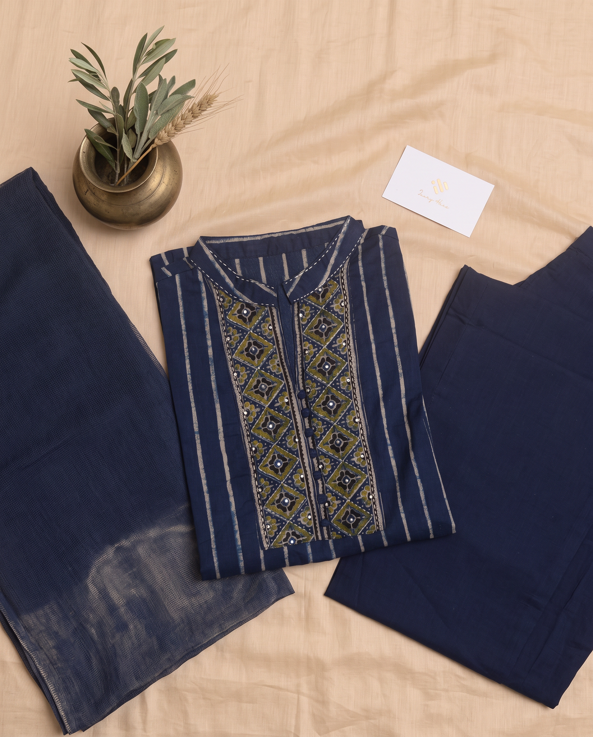 Anokhi Zariya — indigo striped cotton suit with Kota doria dupatta — Ivory Hues, Indian ethnic wear Singapore