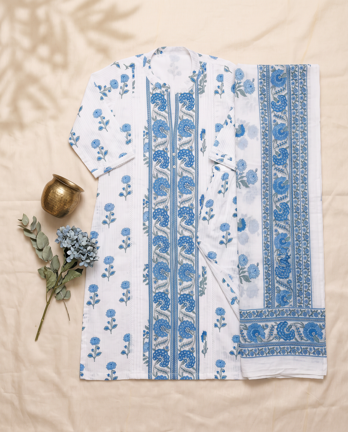 Malhar Boond — white and blue cotton suit with handblock prints — Ivory Hues, Indian ethnic wear Singapore