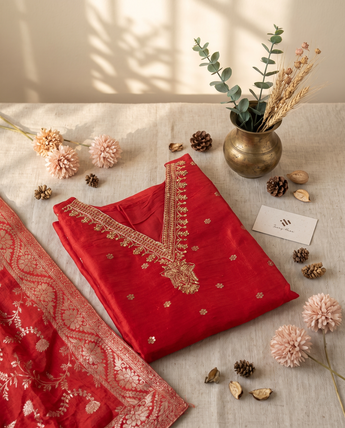 Noor Husn — tomato red suit with golden buttas and brocade shawl — Ivory Hues, Indian ethnic wear Singapore