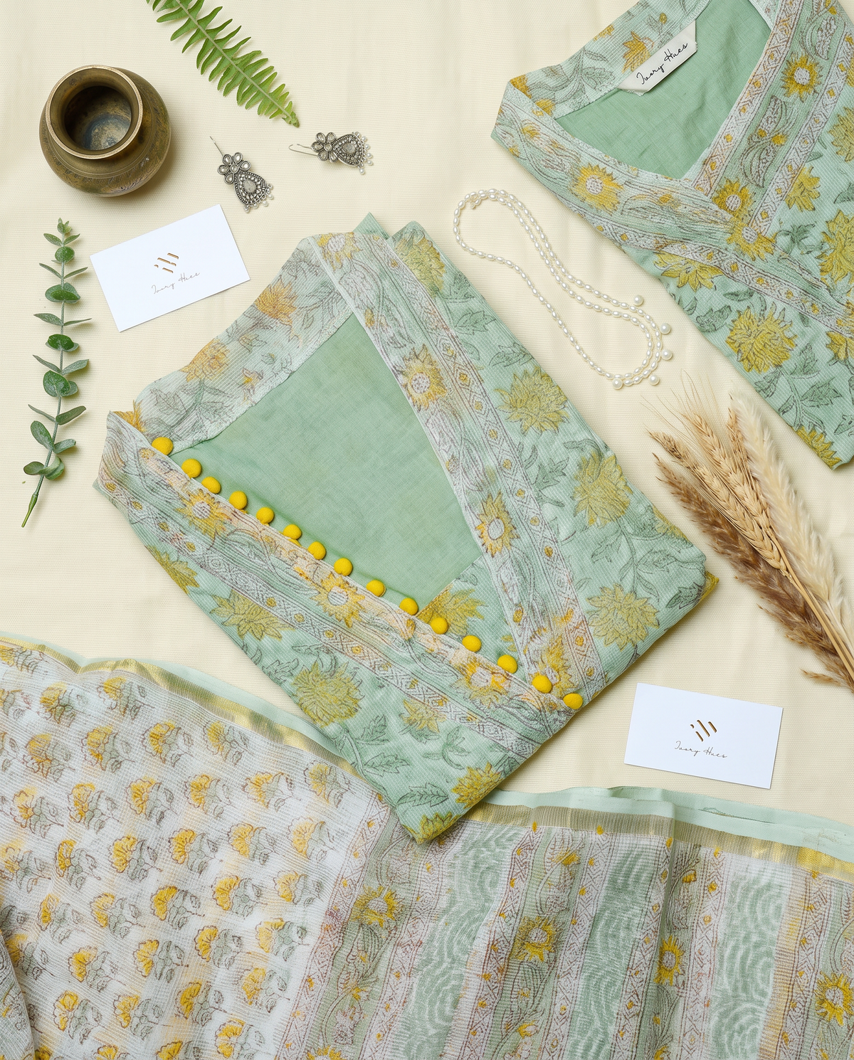 Kota Kainaat Hoor — mint green Kota doria suit with contrast potli buttons — Ivory Hues, Indian ethnic wear Singapore