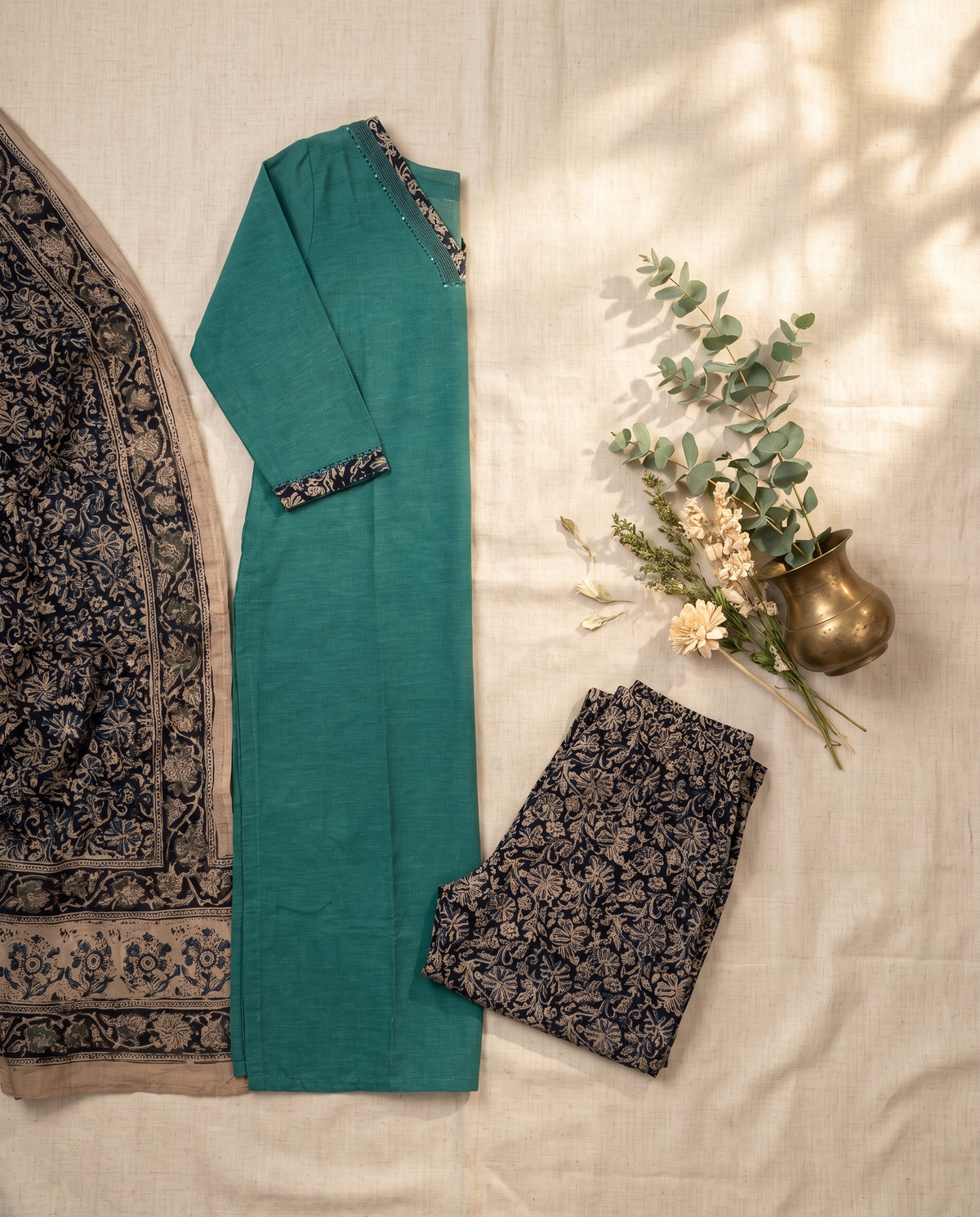 Anokhi Prakriti — sea-green cotton suit with Kalamkari pants and dupatta — Ivory Hues, Indian ethnic wear Singapore