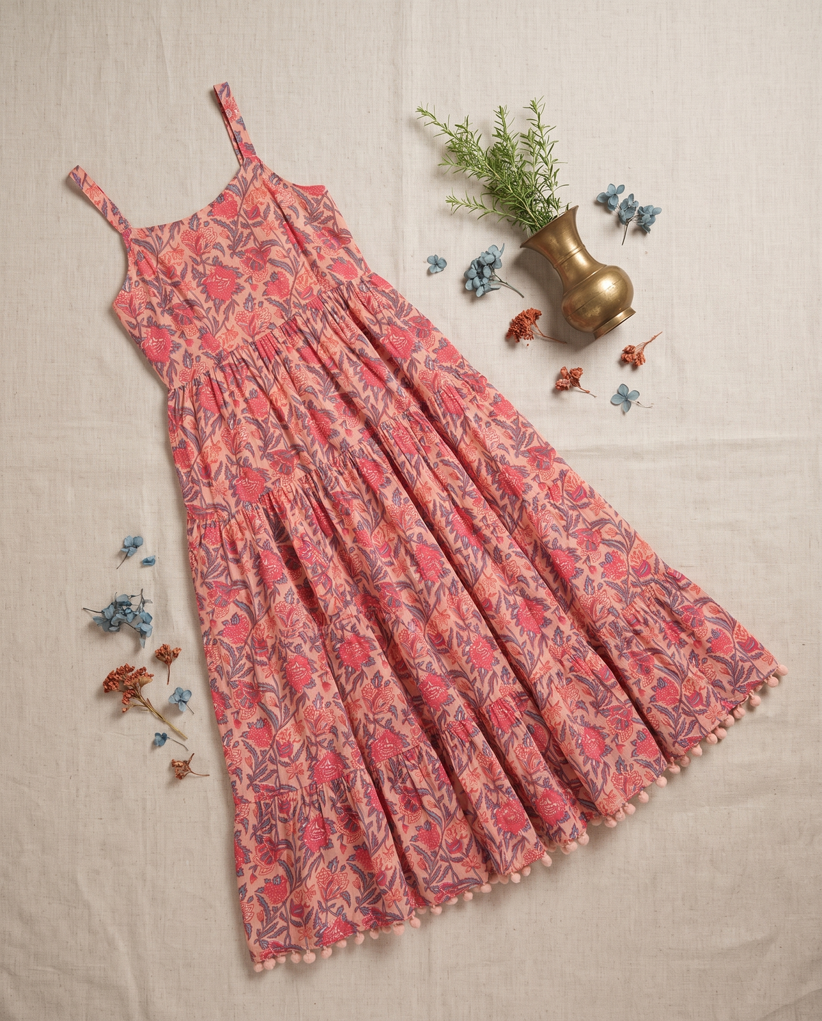 Leher Gul — peach dress with coral floral hand block print and pom-poms — Ivory Hues, Indian ethnic wear Singapore