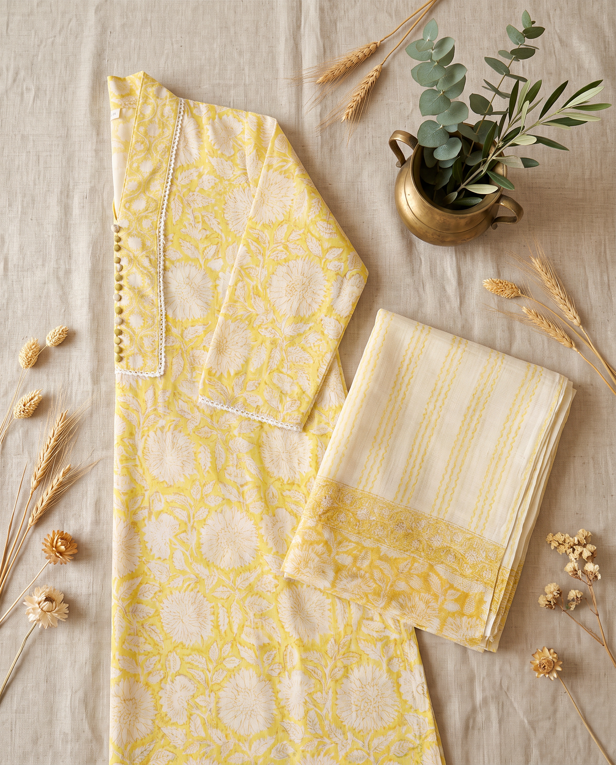 Anokhi Pranaah — yellow and white cotton suit with floral handblock print — Ivory Hues, Indian ethnic wear Singapore