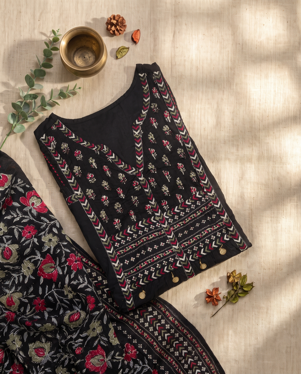 Anokhi Saanjh — black cotton suit with angrakha silhouette and handblock print — Ivory Hues, Indian ethnic wear Singapore