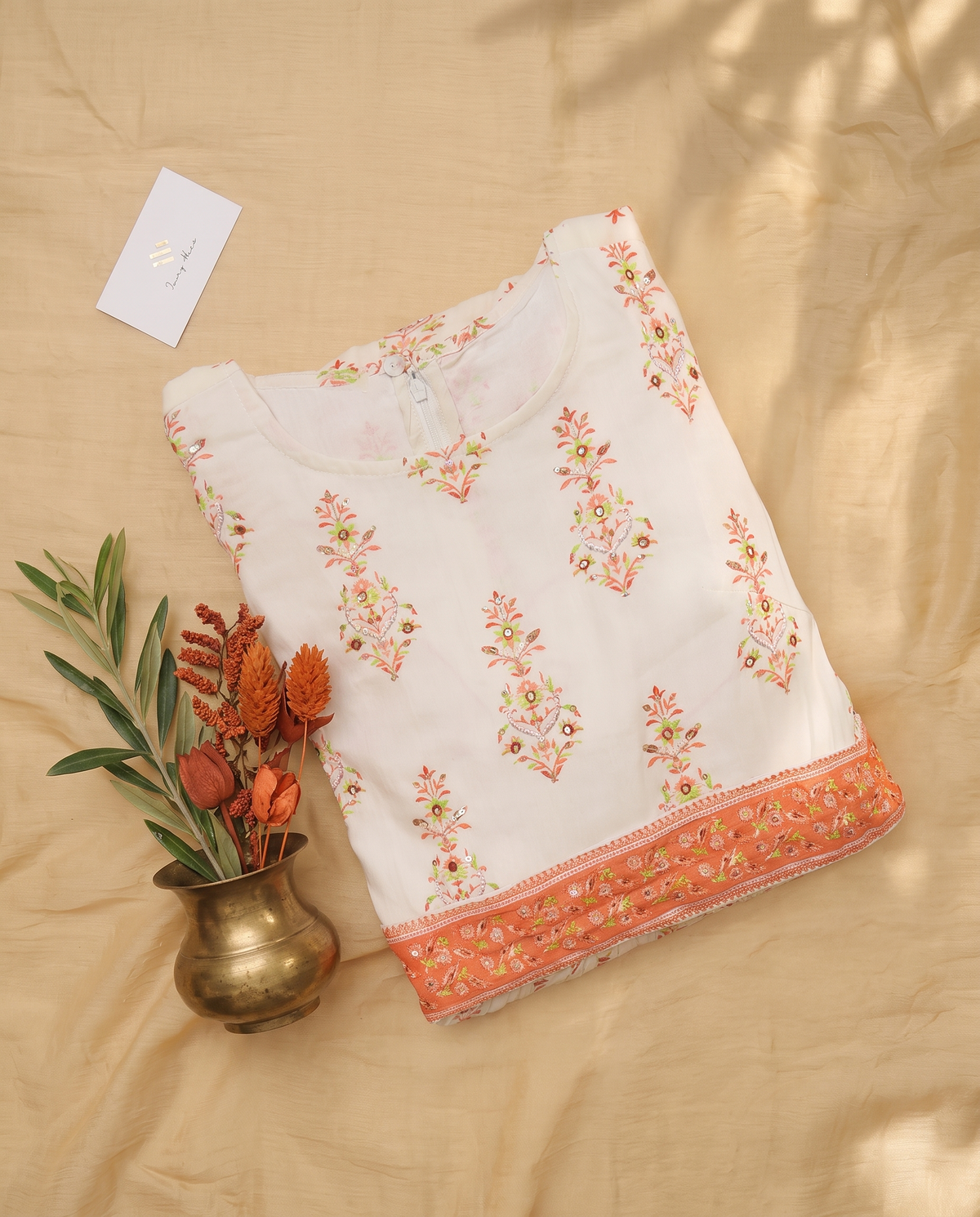 Leher Nargis — cotton jumpsuit with orange handblock print and waist belt — Ivory Hues, Indian ethnic wear Singapore