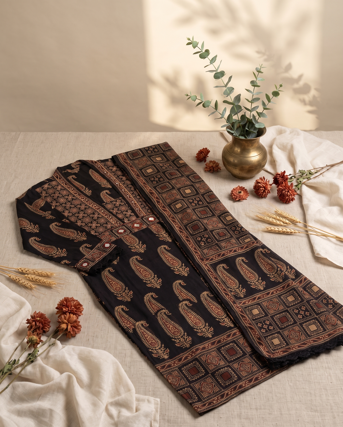 Sunehri Kaala — black cotton suit set with paisley handblock prints — Ivory Hues, Indian ethnic wear Singapore