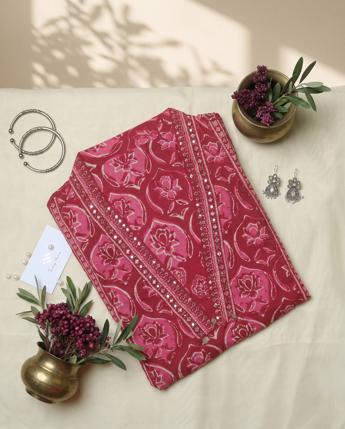 Anokhi Saaz — magenta suit with handblock-printed panels and V-neckline — Ivory Hues, Indian ethnic wear Singapore