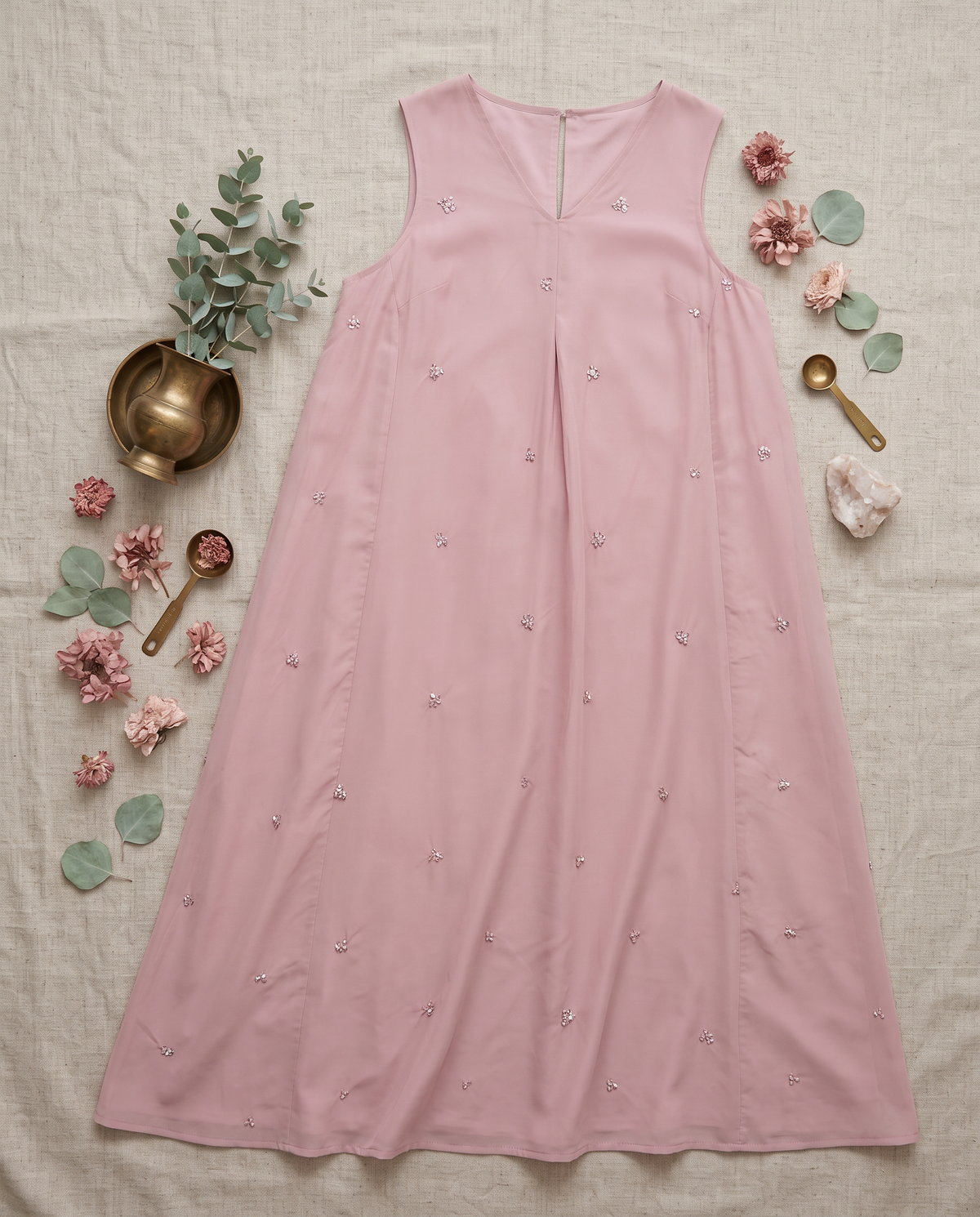Raahi Adaa — baby pink Mul Chanderi flare dress, styled flatlay — Ivory Hues, Indian ethnic wear Singapore