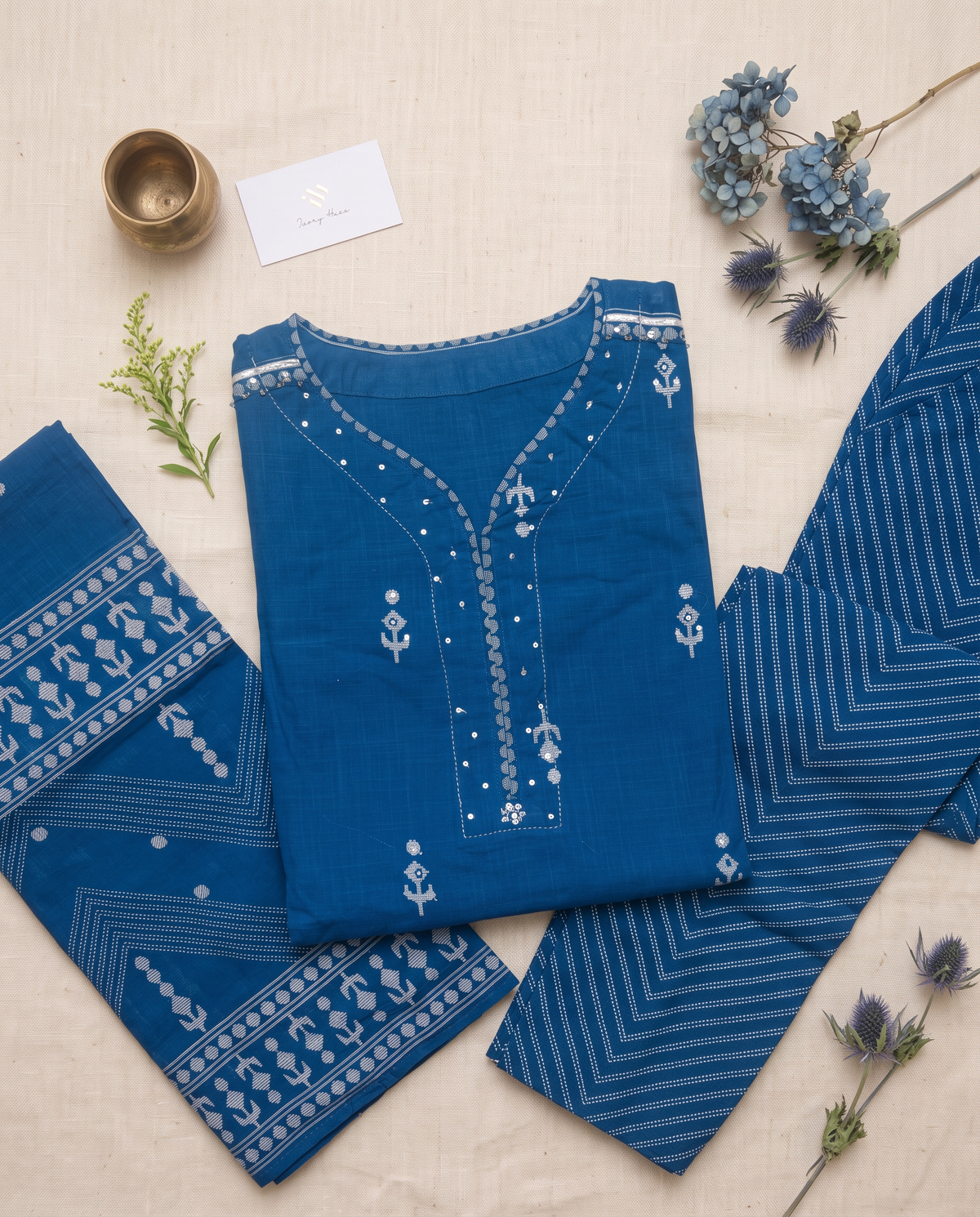 Anokhi Tarini — azure blue cotton suit set with woven butta prints — Ivory Hues, Indian ethnic wear Singapore