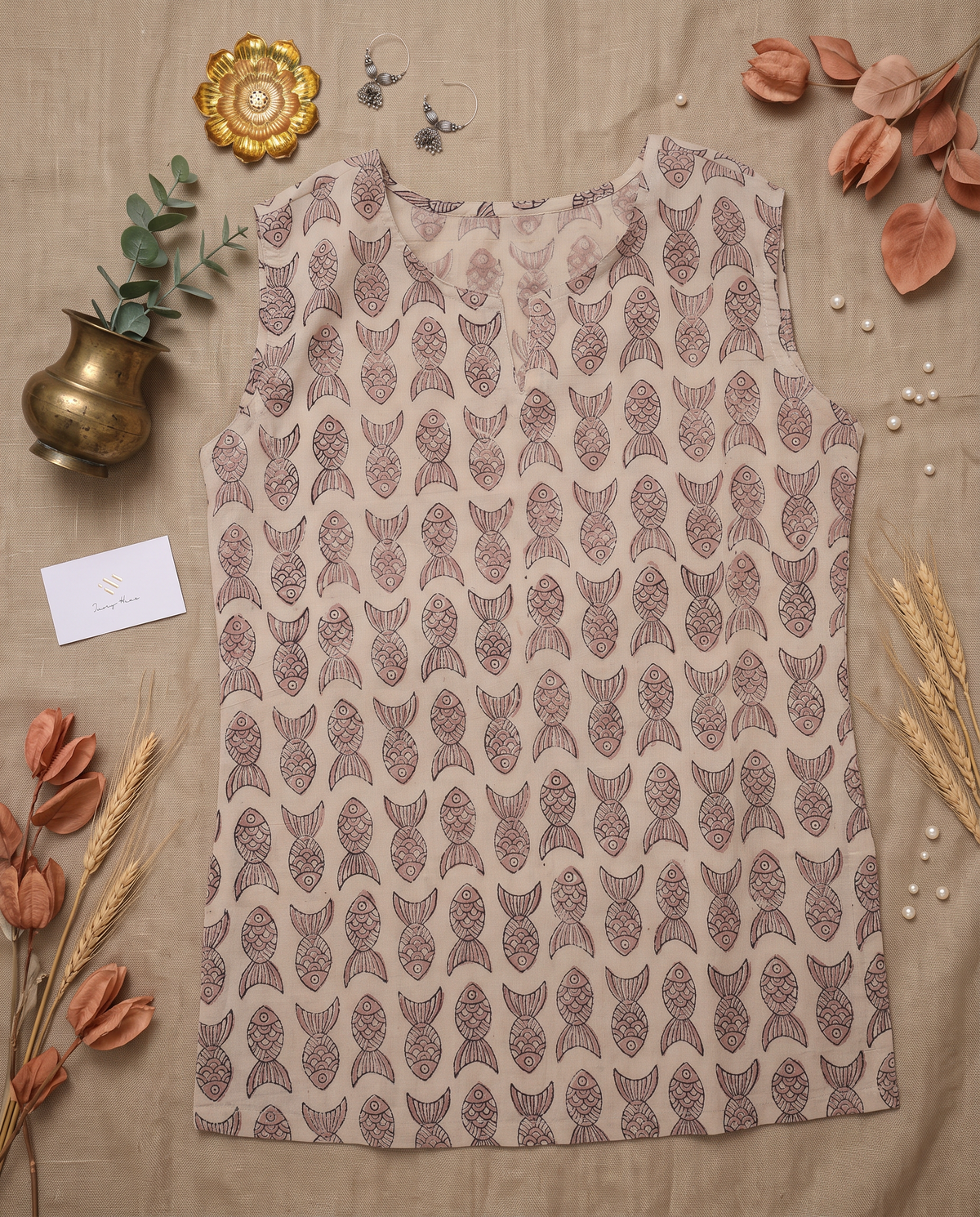 Indira Meenakshi — beige cotton top with fish print — Ivory Hues, Indian ethnic wear Singapore