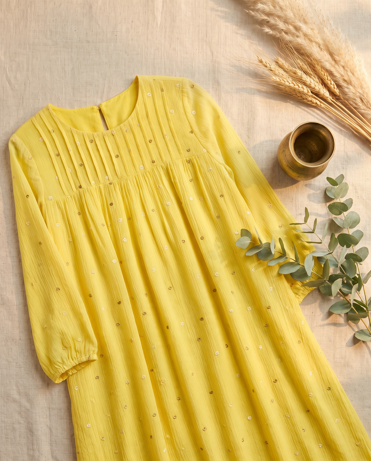 Raahi Kiran — butter yellow Mul Chanderi A-line dress, styled flatlay — Ivory Hues, Indian ethnic wear Singapore