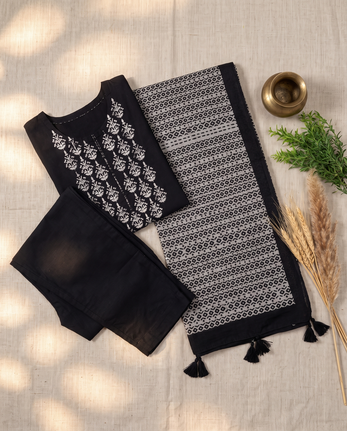 Anokhi Shobha — black and grey cotton suit with floral embroidered neckline — Ivory Hues, Indian ethnic wear Singapore
