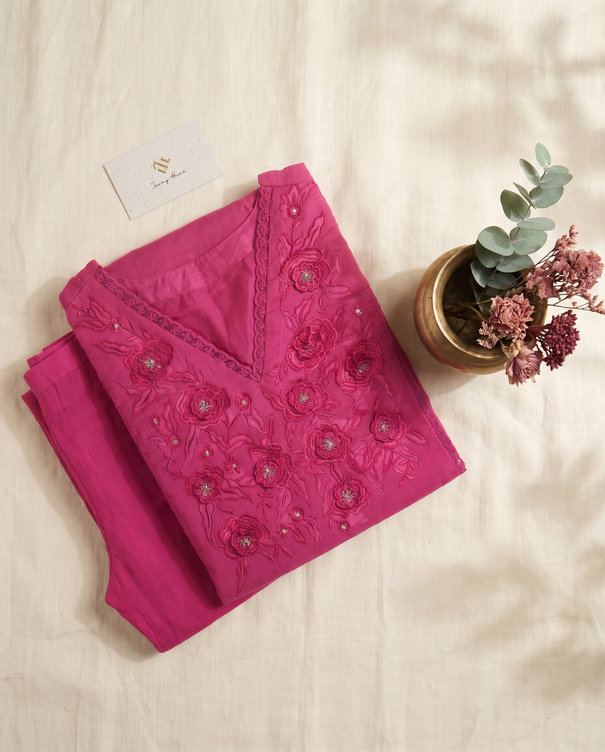 Anokhi Nazaakat — pink crinkle cotton suit with tone-on-tone floral embroidery — Ivory Hues, Indian ethnic wear Singapore