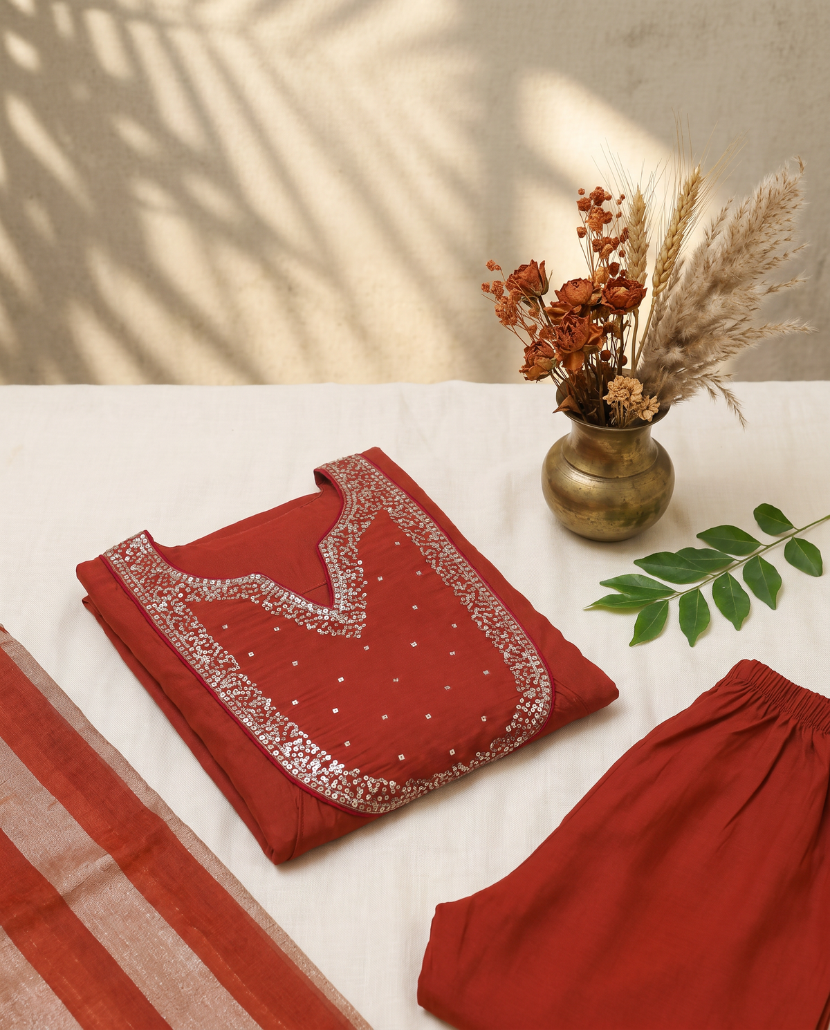 Noor Jwala — deep rust mul Chanderi suit with sequin-edged dupatta — Ivory Hues, Indian ethnic wear Singapore