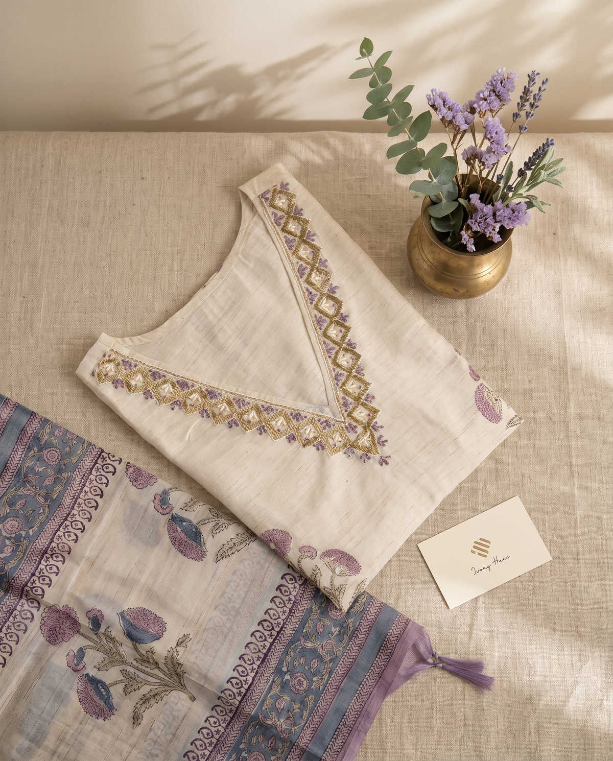 Leela Taara — ivory semi-Tussar suit with lilac Mughal handblock print — Ivory Hues, Indian ethnic wear Singapore