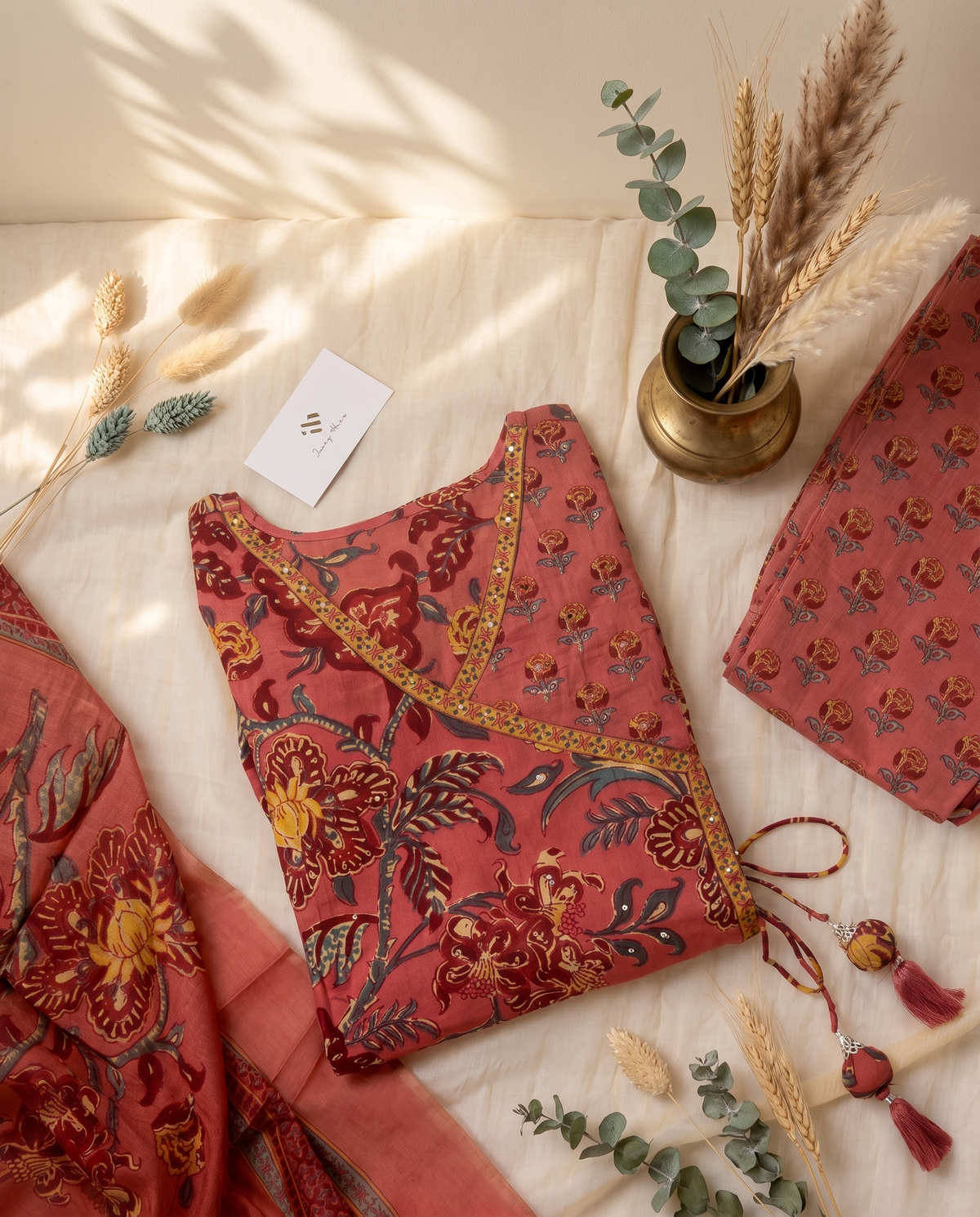 Anokhi Sukun — rust red cotton suit with handblock print and angrakha wrap — Ivory Hues, Indian ethnic wear Singapore